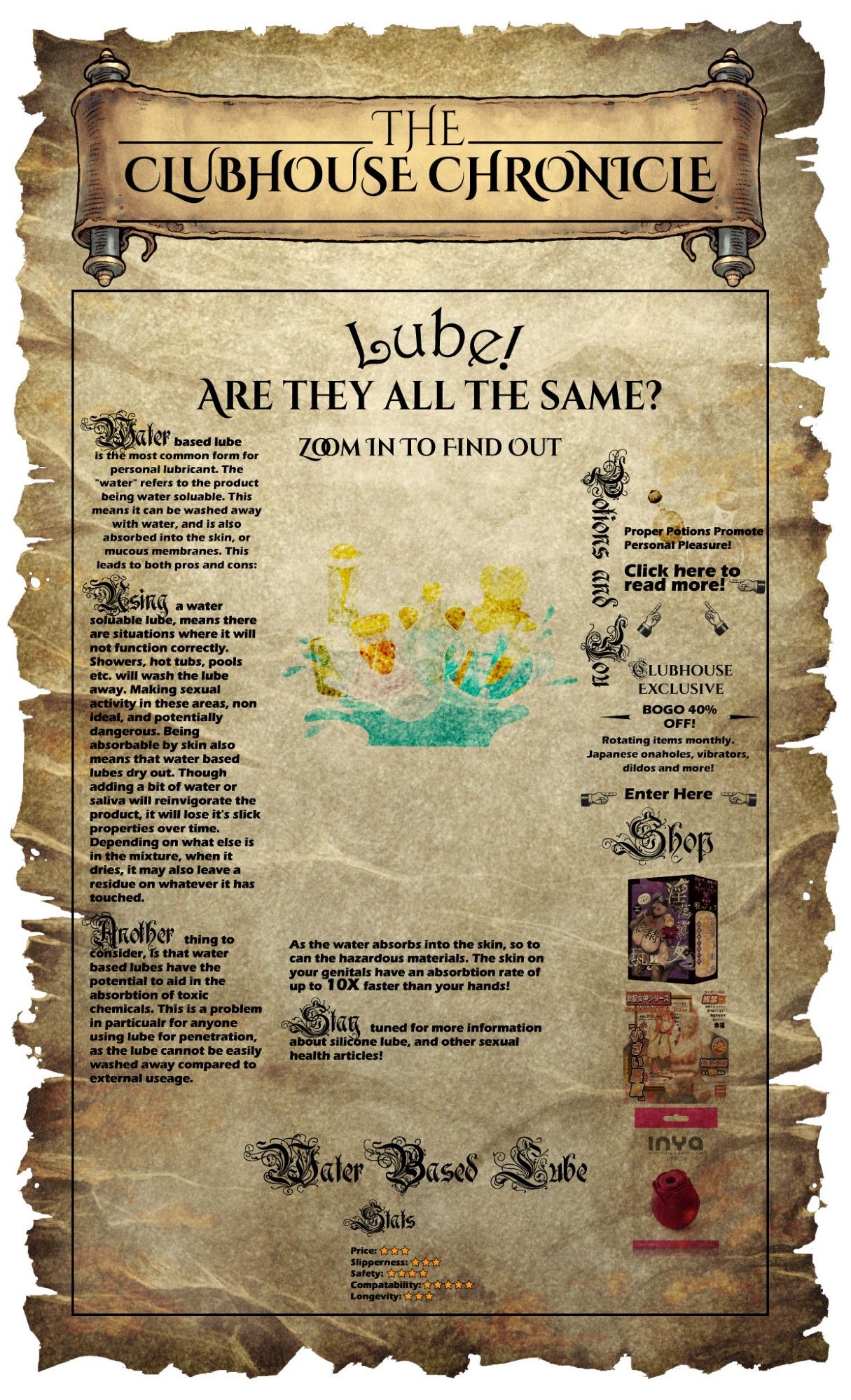 information about water based lubes, written on parchment paper in a fantasy theme