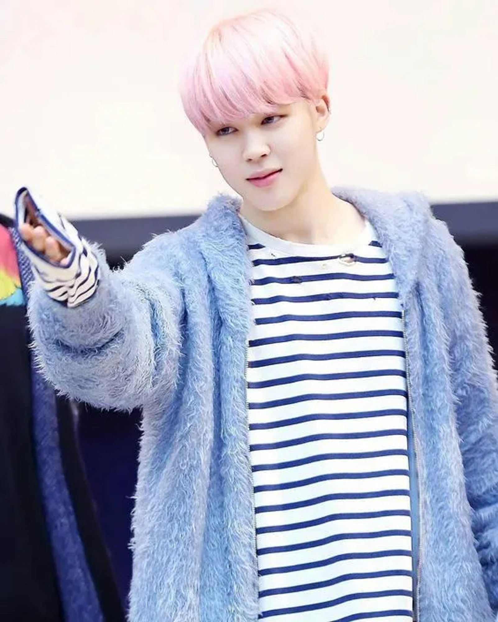 Pink hair Jimin in the iconic spring day fluffy blue cardigan