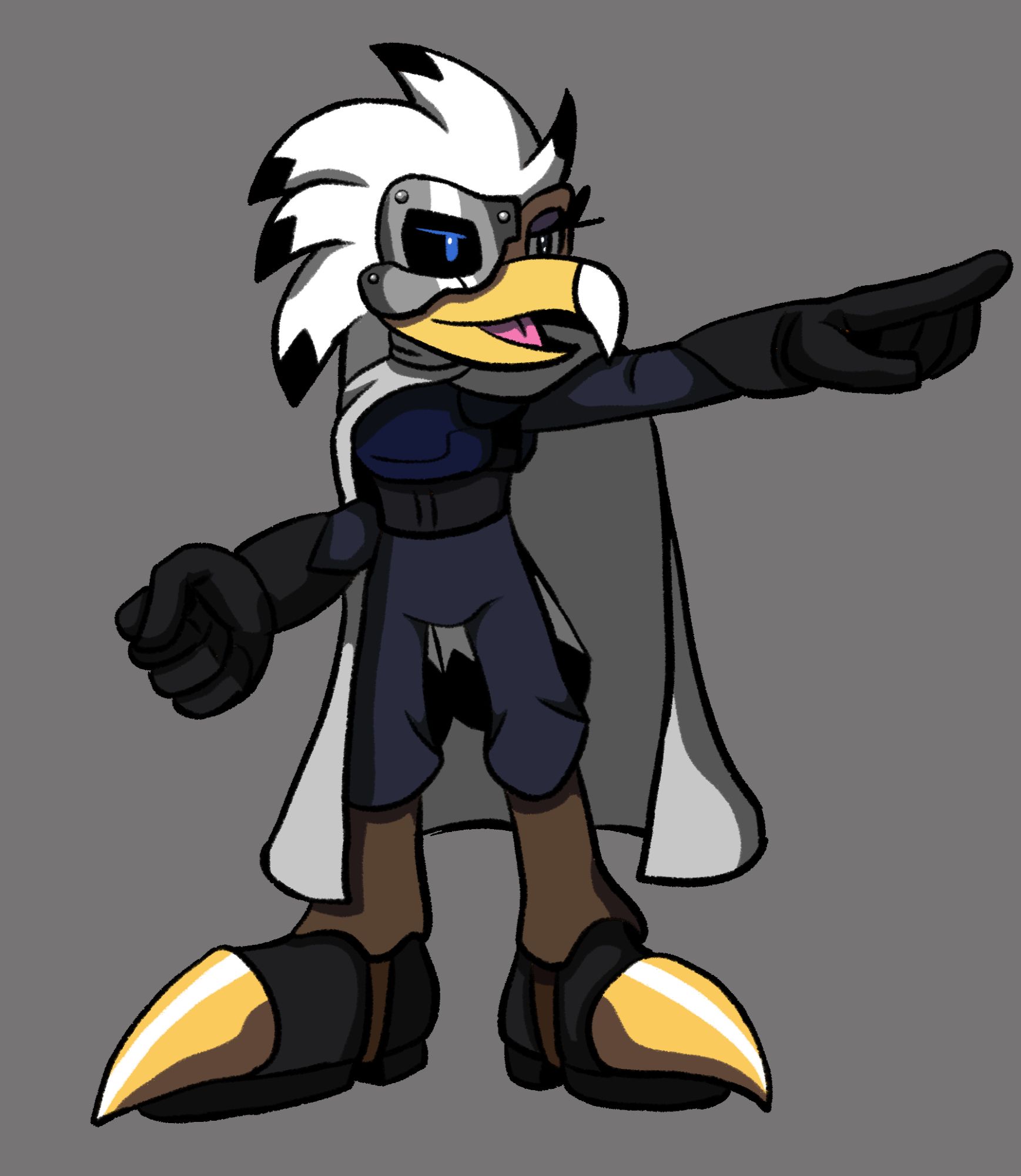 This version of Nephthys the Vulture, which is a white vulture, is wearing a worn-down GUN uniform with various add-ons and a cloak. Her right eye is entirely cybernetic (a nod to her post-SGW Archie cybernetic face).