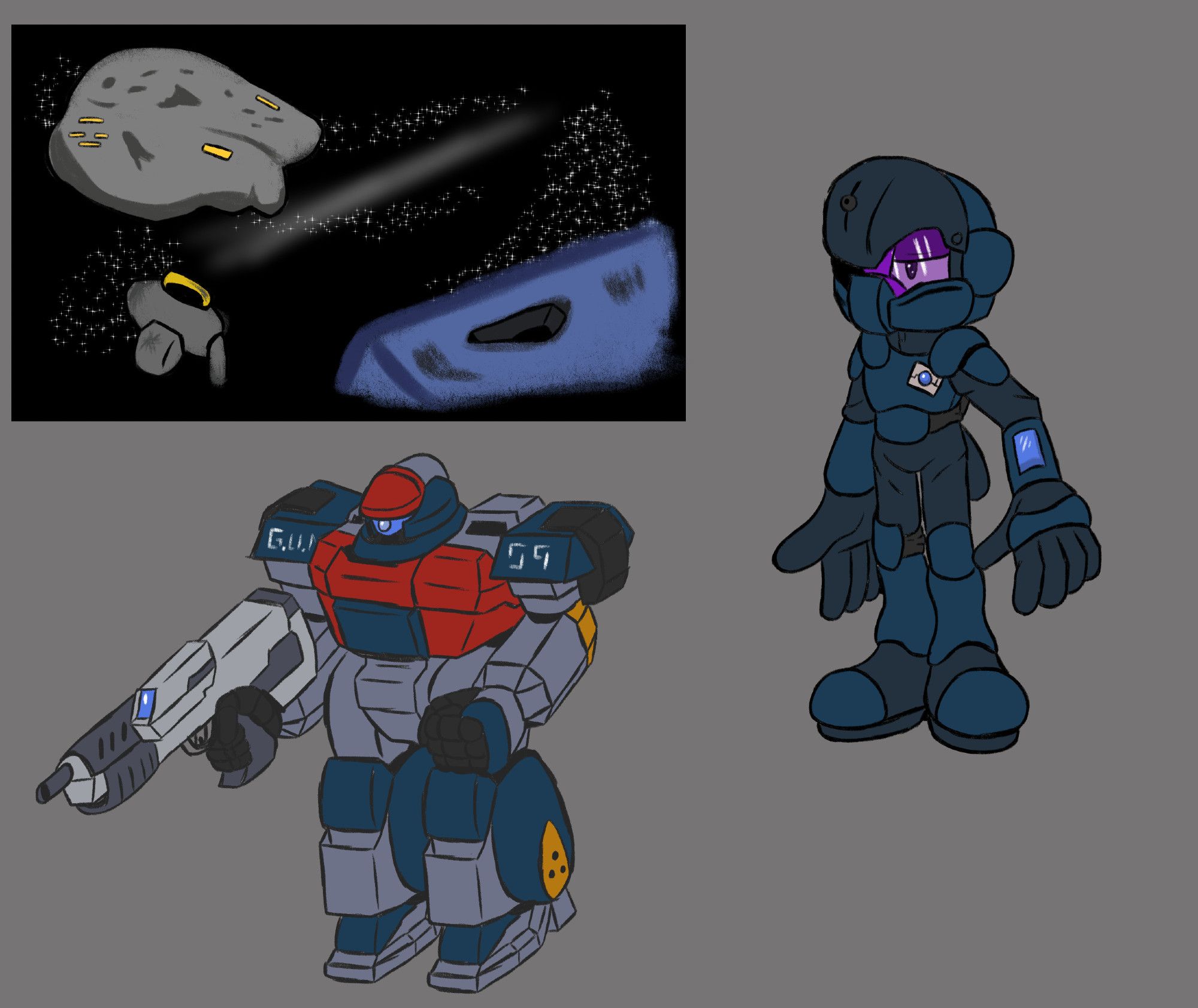 The ideas in the following image are as follows.

-The asteroid base would be in a debris field of G.U.N. and Eggman Empire ships, which is salvaged for resources besides mining out the asteroid for more space and materials
-the mecha is the Giga Trooper Custom V1. A upgraded version of the Giga Trooper mecha (they are mechs in archie post-reboot so I decided to go that direction) This one was made for both terrestrial and space combat with upgrades to the entire form.
-the last is a pilot suit for G.U.N. pilots for space combat, worn by those in space fighters or G.U.N. mecha