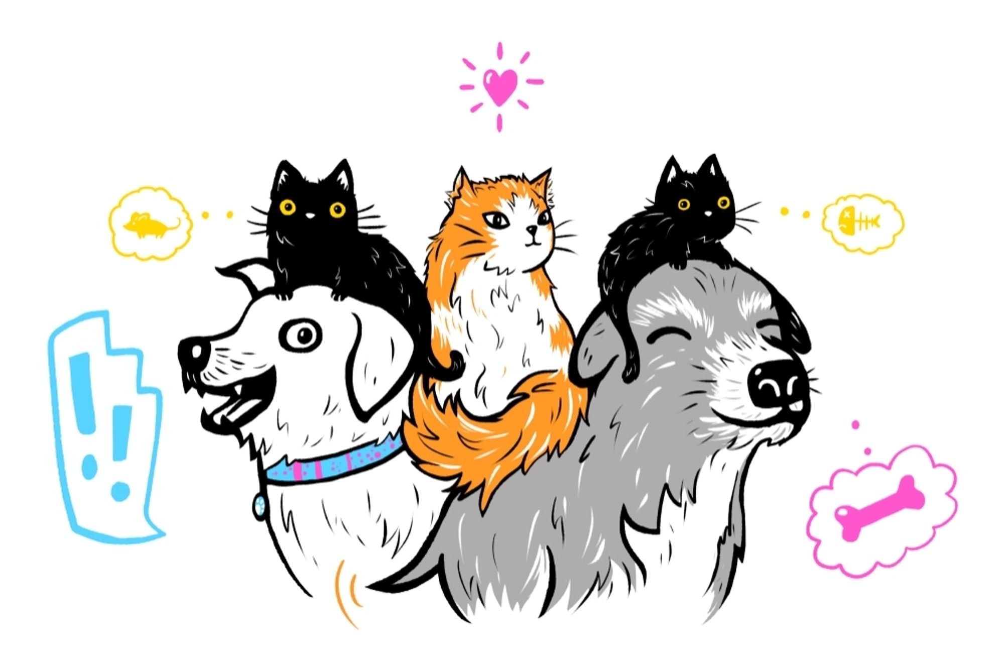 A drawing by Carly Draws of our five pets.

Back: a black cat thinking of a yellow mouse, a calico cat with a pink heart overhead, and another black cat thinking of a yellow fish bone

Front: a big, happy, white dog with two blue exclamation points, and a content black dog (colored more gray for distinction) thinking of a pink dog bone