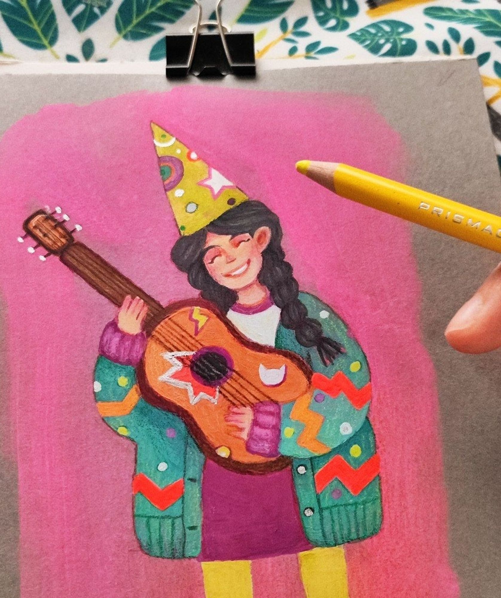 A gouache illustration with a little girl playing the guitar