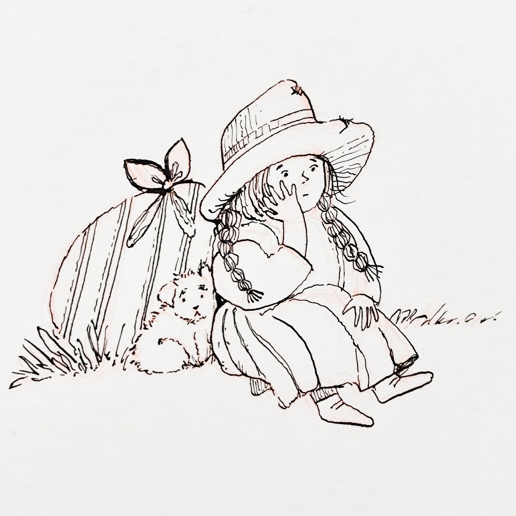 An ink drawing on paper with a little cute girl sitting on the green and her puppy next to her.