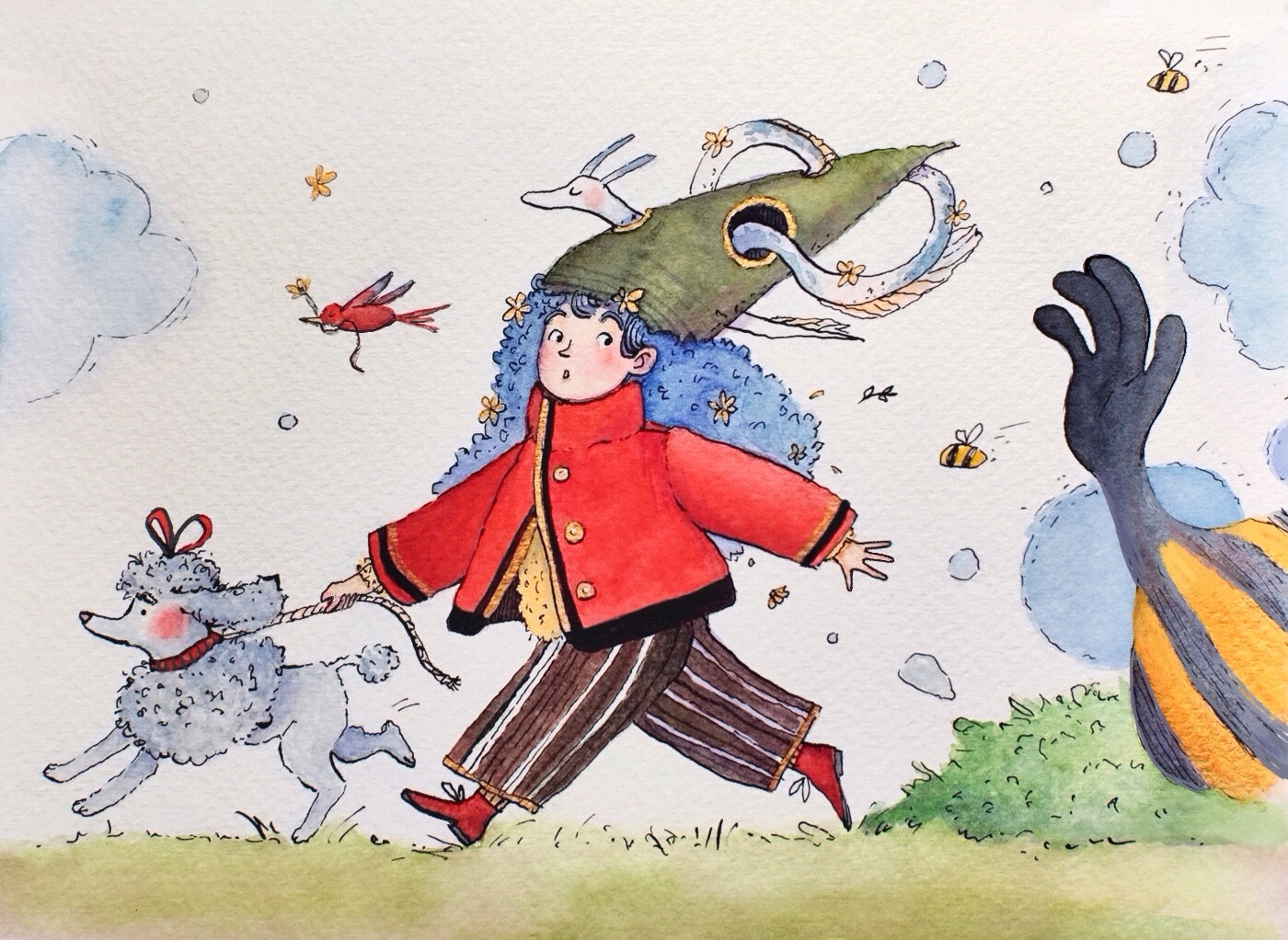 A whimsical watercolour and ink illustration. A dog and a little girl running from something.