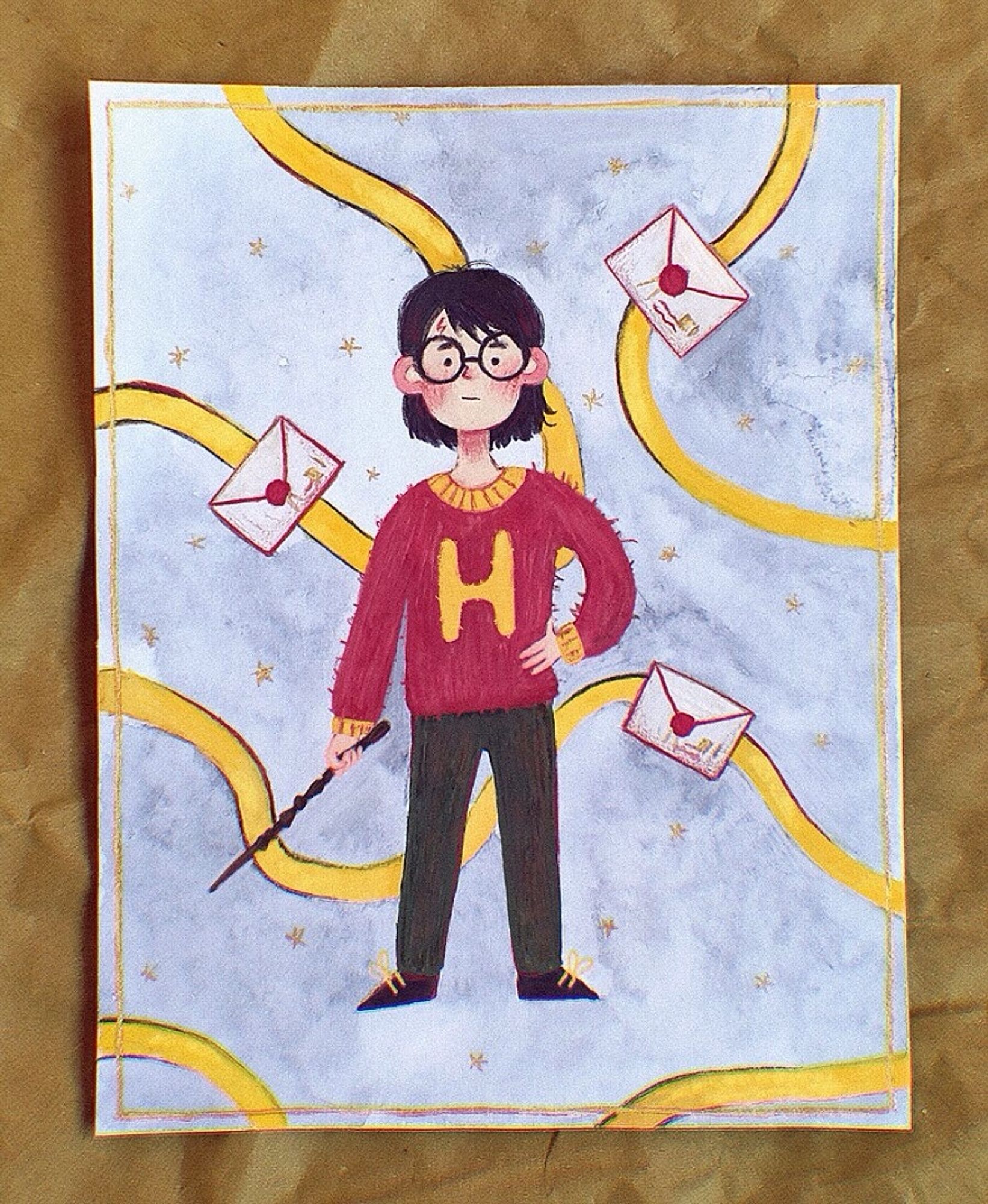 Harry Potter and letters around him. Illustration by gouache