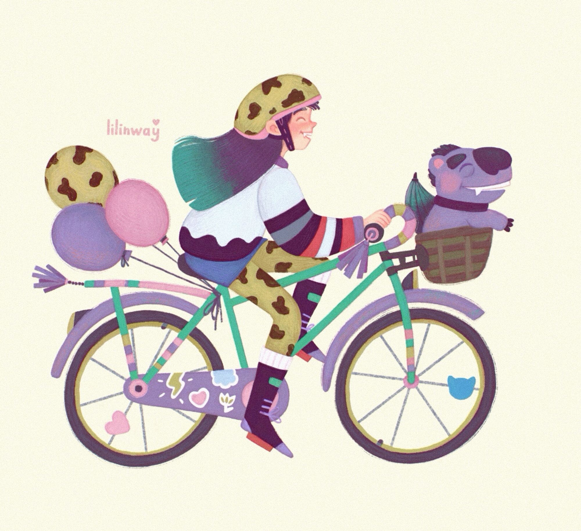 A cute illustration with a whimsical character on a bicycle