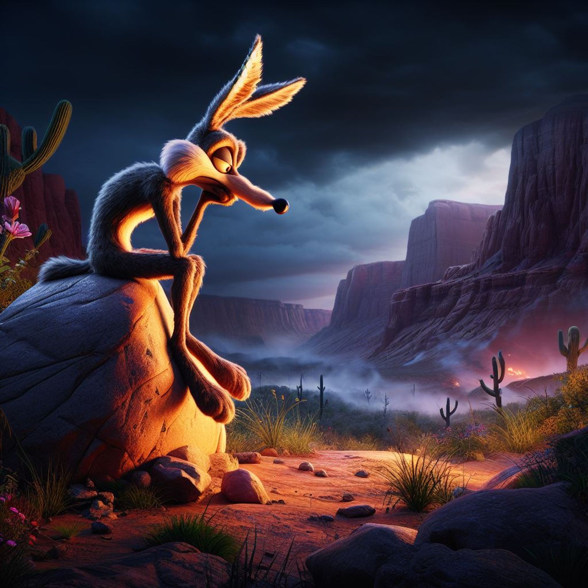 Wile e sitting on a boulder pensively thinking about tomorrows plans as the final suns rays hits the desert as dawn sets.