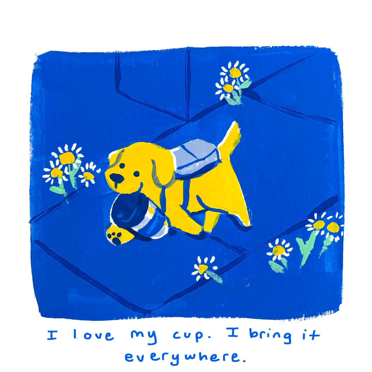 The first panel of the Cup Pup comic. A yellow puppy walks down a sidewalk lined with daisies. They are carrying a reusable cup in their mouth and wearing a backpack. Text: "I love my cup. I bring it everywhere."