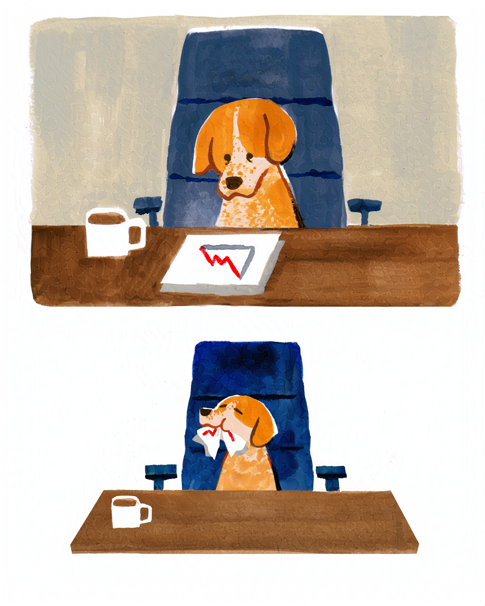Top image: An orange and cream speckled hound dog at a desk looking down at a downward trending graph. There's a mug of coffee, they're sitting in a dark blue office chair. 
Bottom image: Slightly zoomed out same image, the dog is eating paper. Problem solved. 