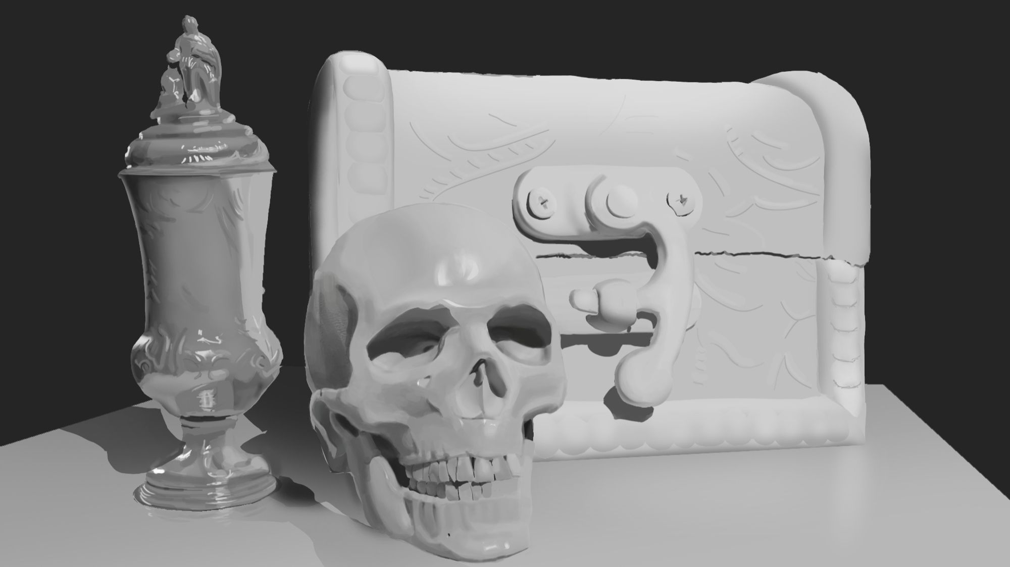 Realistic rendering of a skull, a chest, and an urn