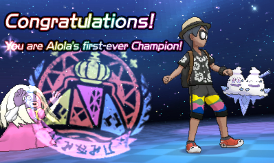 A picture of the winning screen in Pokemon Ultra Moon, showing the player trainer and two pokemon at his sides. One is a Jynx, the other is a Vanilluxe. There is a stamp on the front signifying the alola championship is complete. There is text that say "Congratulations! You are Alola's first-ever Champion!"