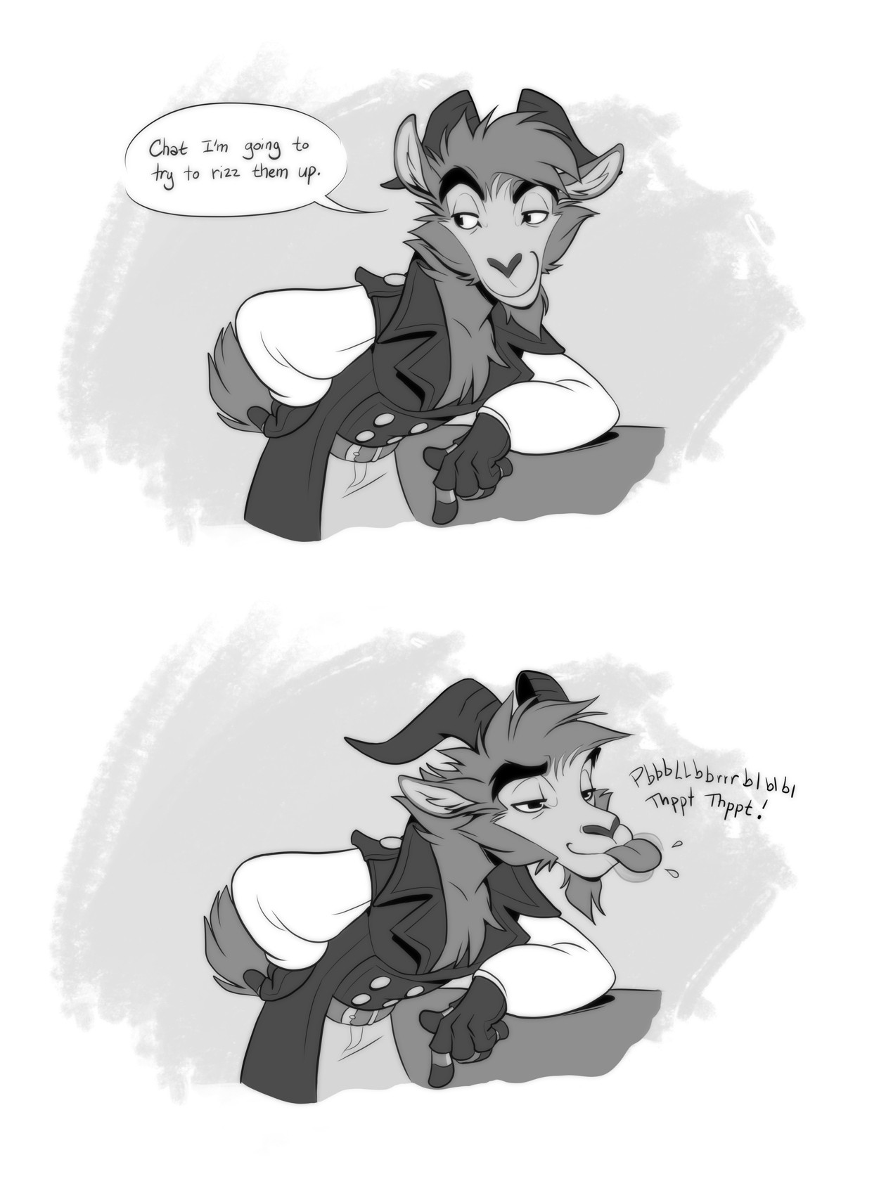 Ira, the anthro goat swordsman from my comic saying "Chat I'm going to try to rizz them up," and then spitting his tongue out and going, "Pbbbllbbrrrblbl Thppt Thppt!"