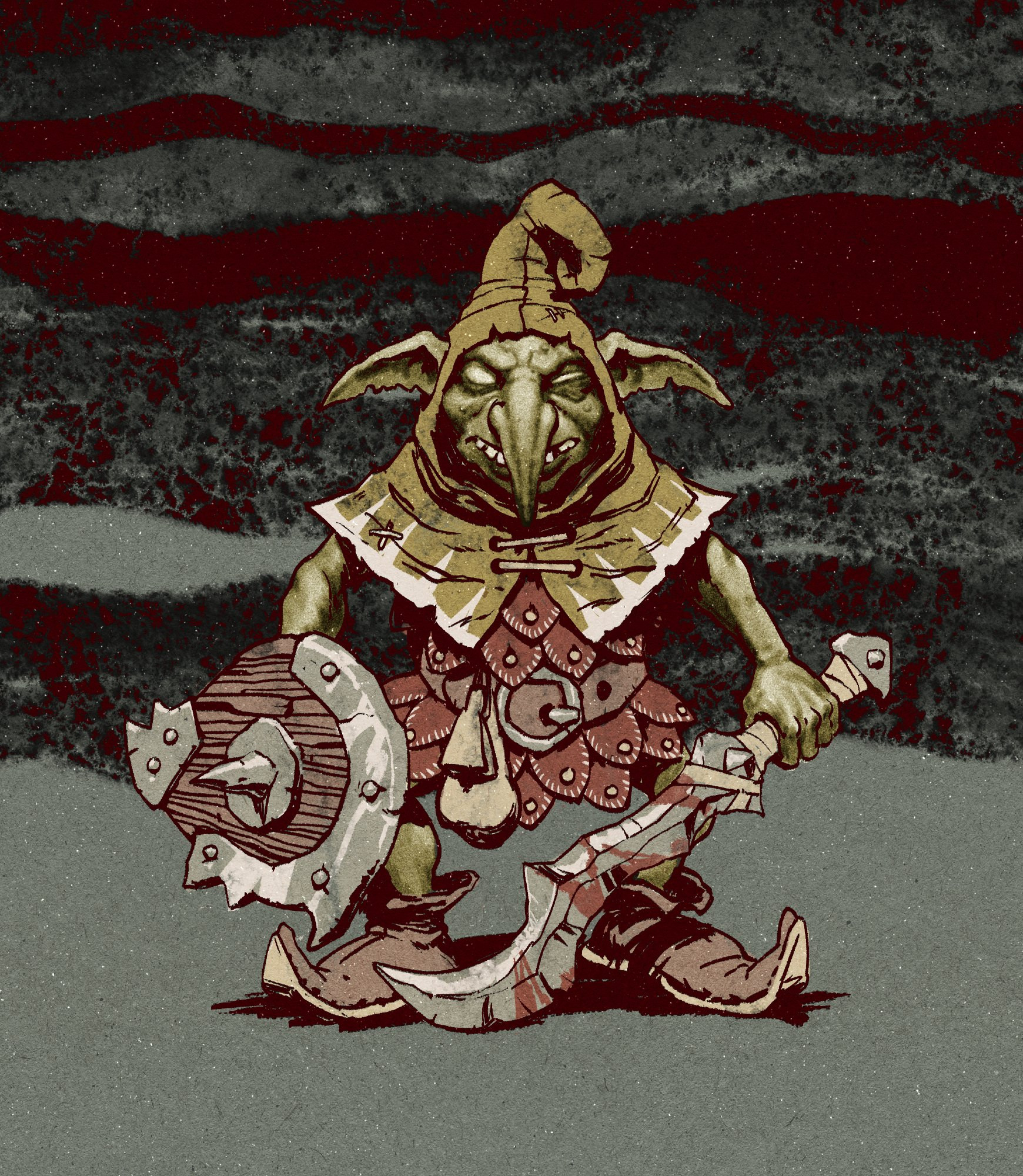 Drawing of a goblin wearing leather scale armor and a curled pointy hood, holding a sword and shield.
