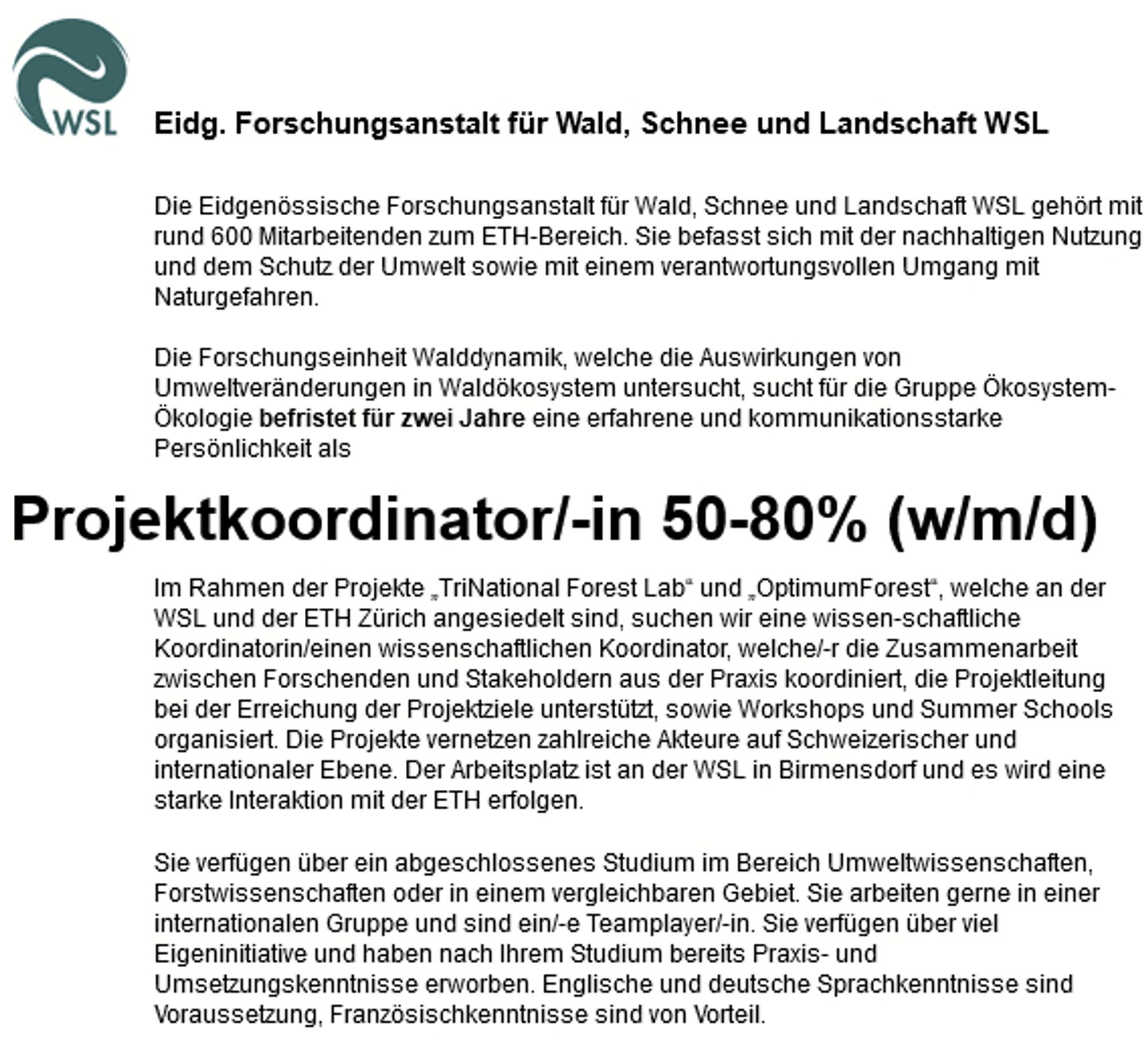 Screenshot Stellenanzeige wiss. Koordinator/in