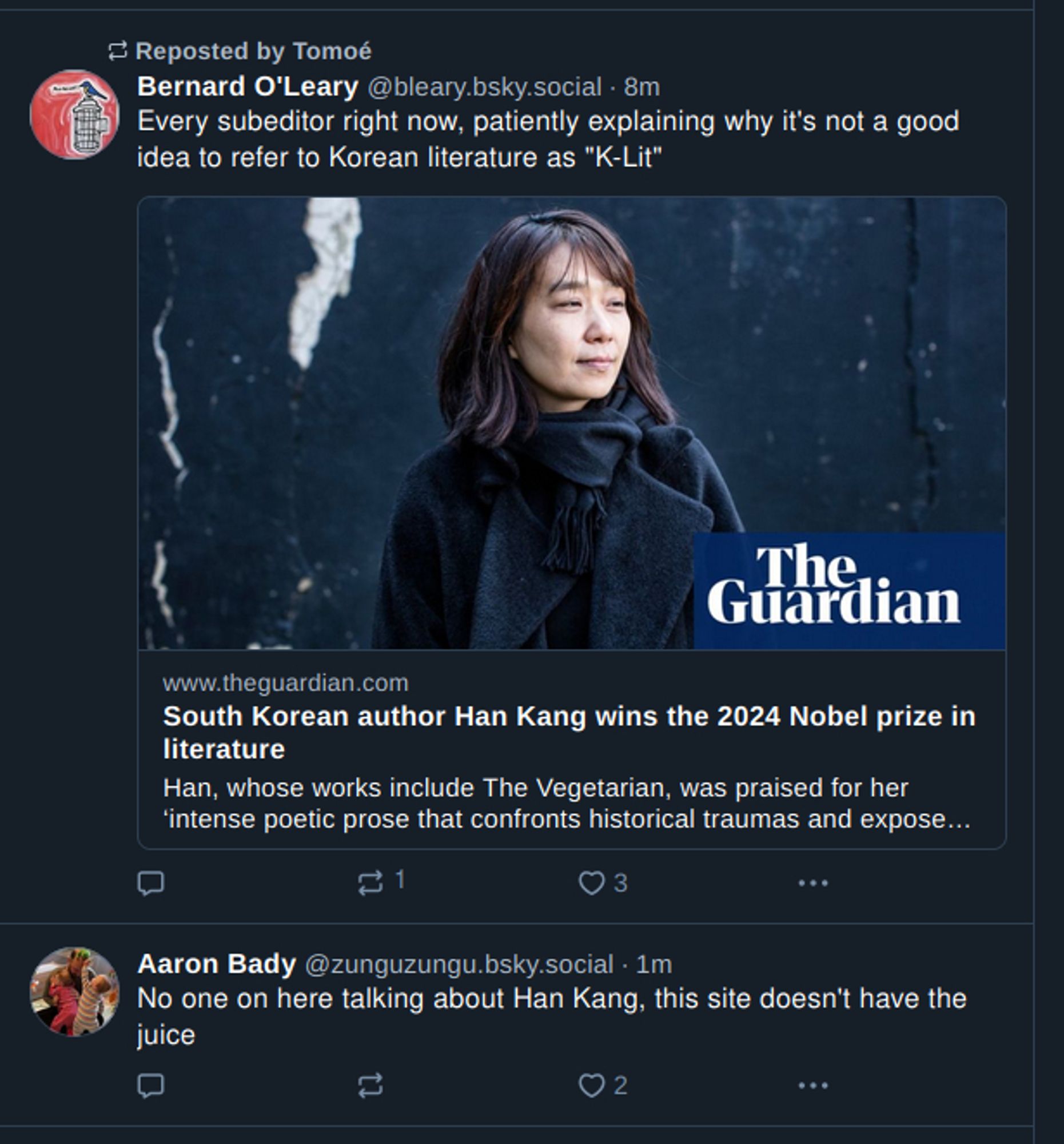 aaron's post below; above it, a repost of an article about Han Kang