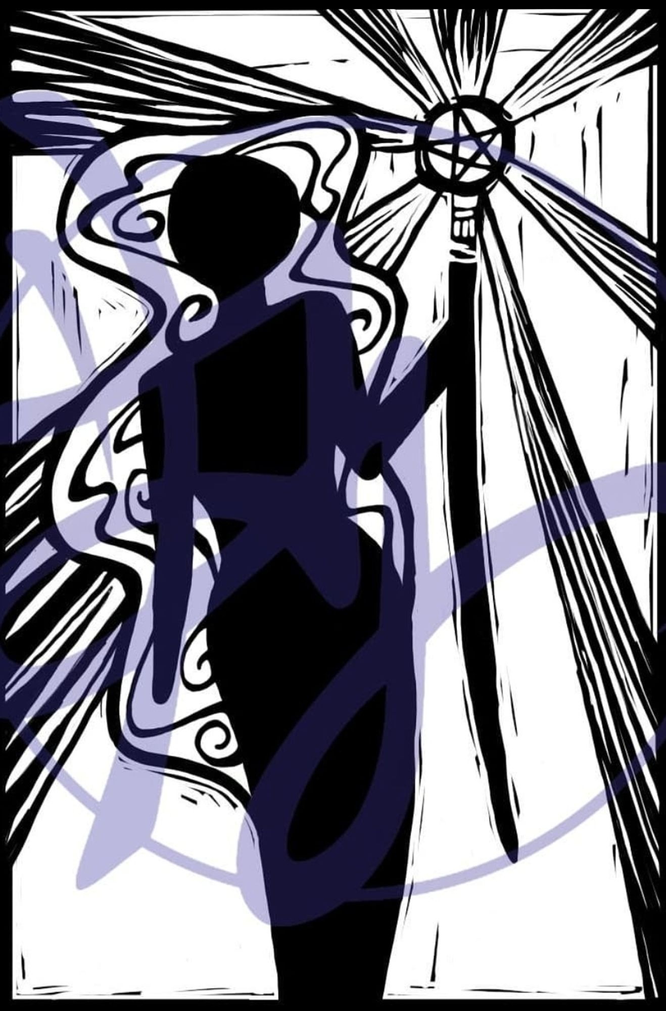 Watermarked tarot card done in linocut style, the Queen of Wands, depicting a woman with long hair holding a glowing staff.