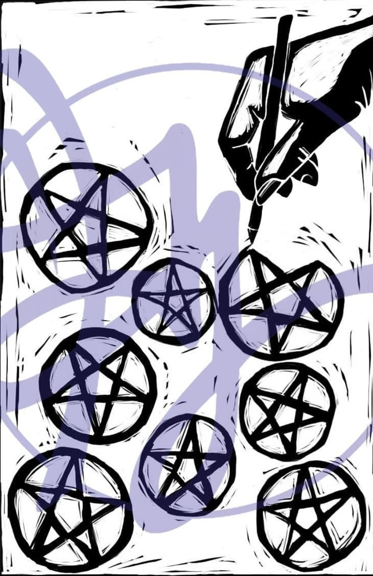 Watermarked tarot card done in linocut style, 8 of Pentacles, depicting seven coins with pentagrams on them, and a hand drawing the eighth coin.