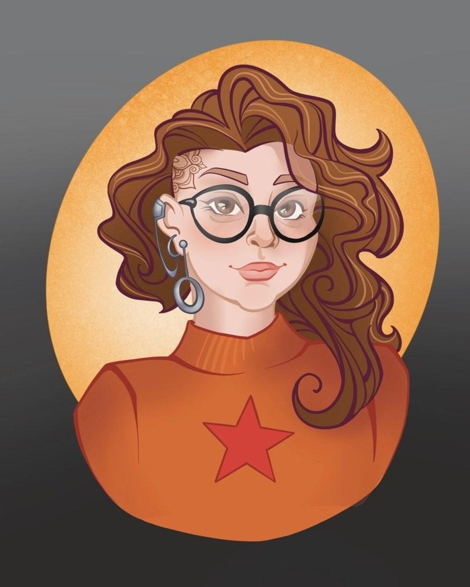 Drawing of a girl with brown hair, an orange sweater, and big glasses. In this version her hair is super wavy and cut asymmetrically, with a side shave and a henna tattoo on her scalp. She has a chunky silver Bajoran-style earring, and her sweater has a red star on it. Behind her is a full moon against a dark night sky, giving the portrait a spooky-season vibe.