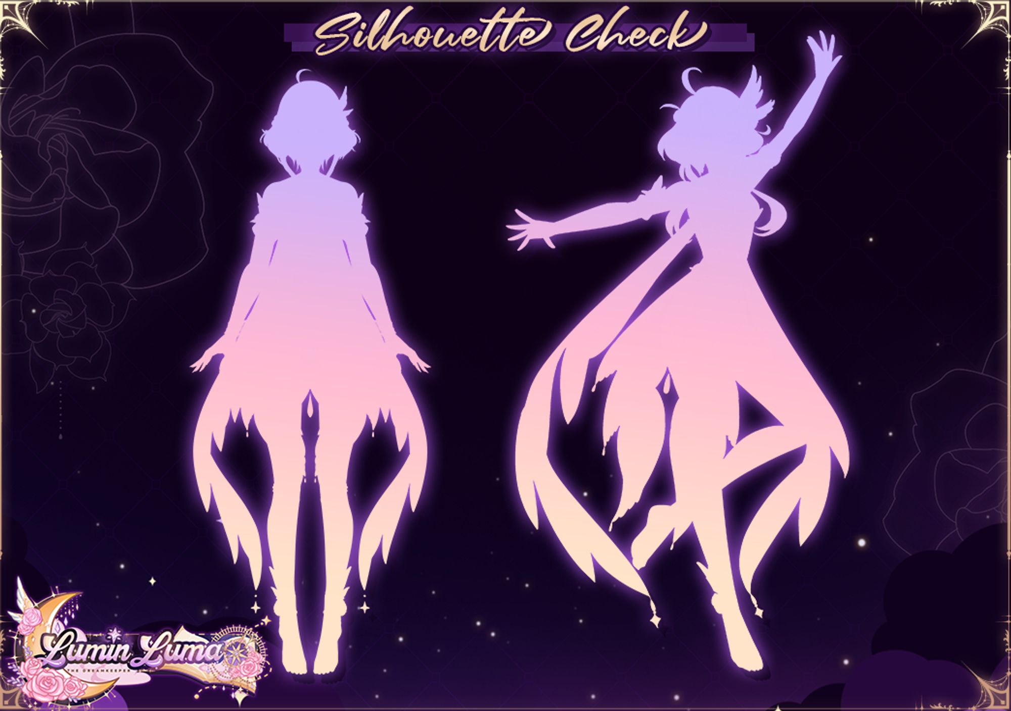 Silhouette of LuminLuma's Vtuber character in a front-standing pose, and a second one to the right in an almost dance-like pose. They are against a dark and magical-looking background with rose constellations and clouds.