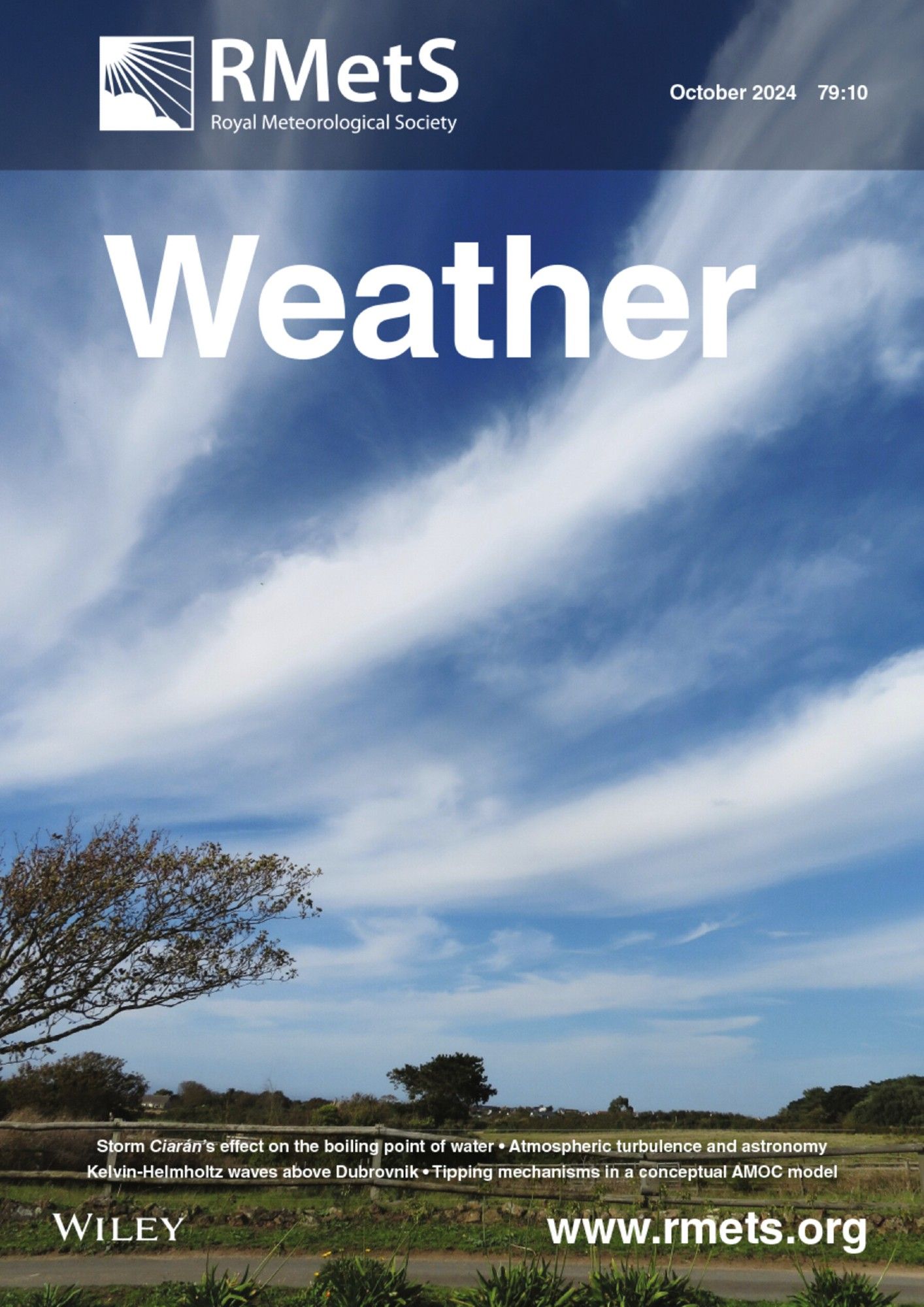 Front cover: Several thick bands of Cirrus spissatus associated with a very weak cold front. Portelet (Jersey) at 1456 UTC on 25 September 2023. (© Frank Le Blancq)