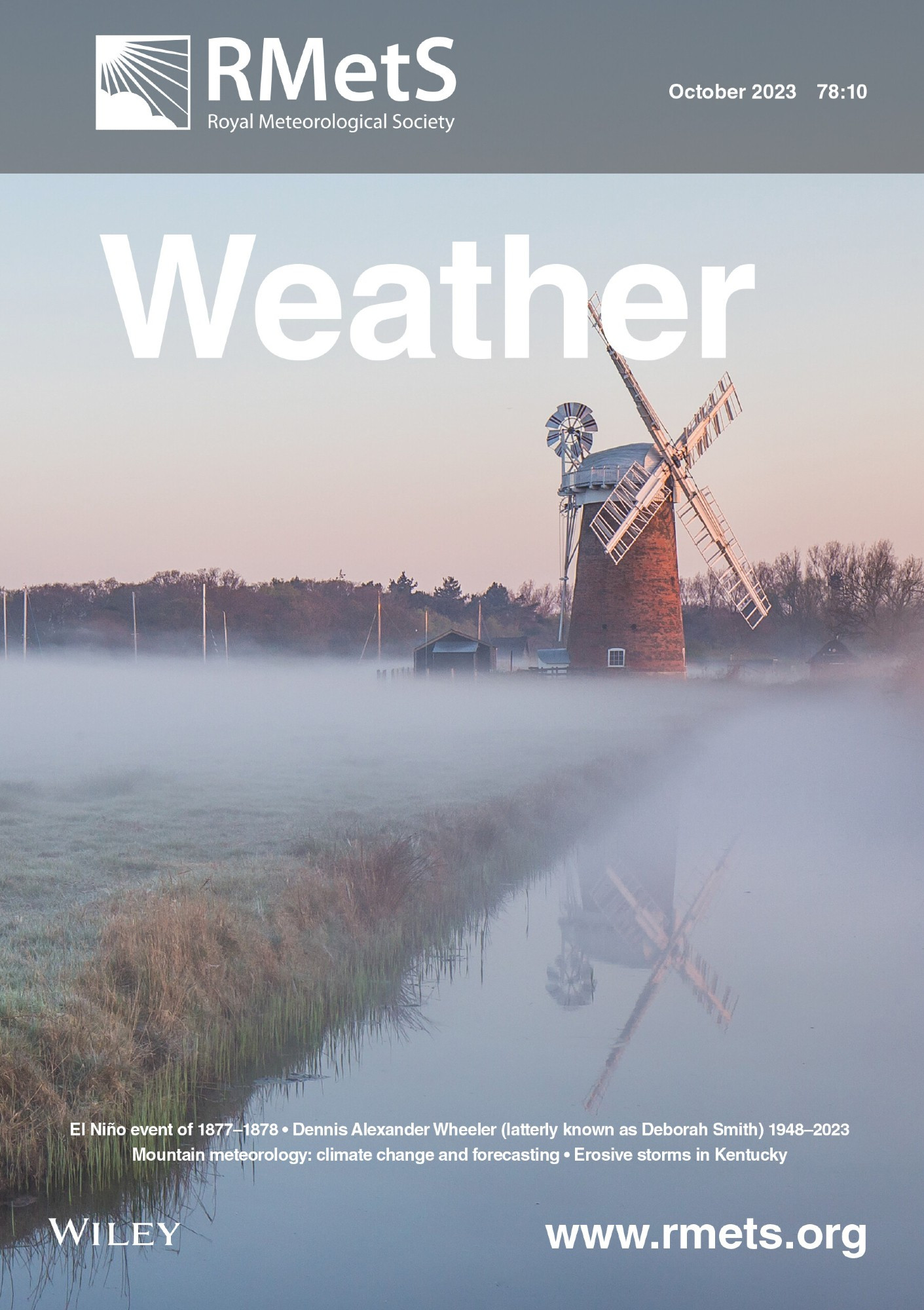 Front cover of the October issue. A calm morning at Horsey Windpump, Norfolk, allowing mist to form around the drainage ditch. Taken at 0613 utc on 24 April 2019. (© David Andrews – WPOTY 2022 entry.)