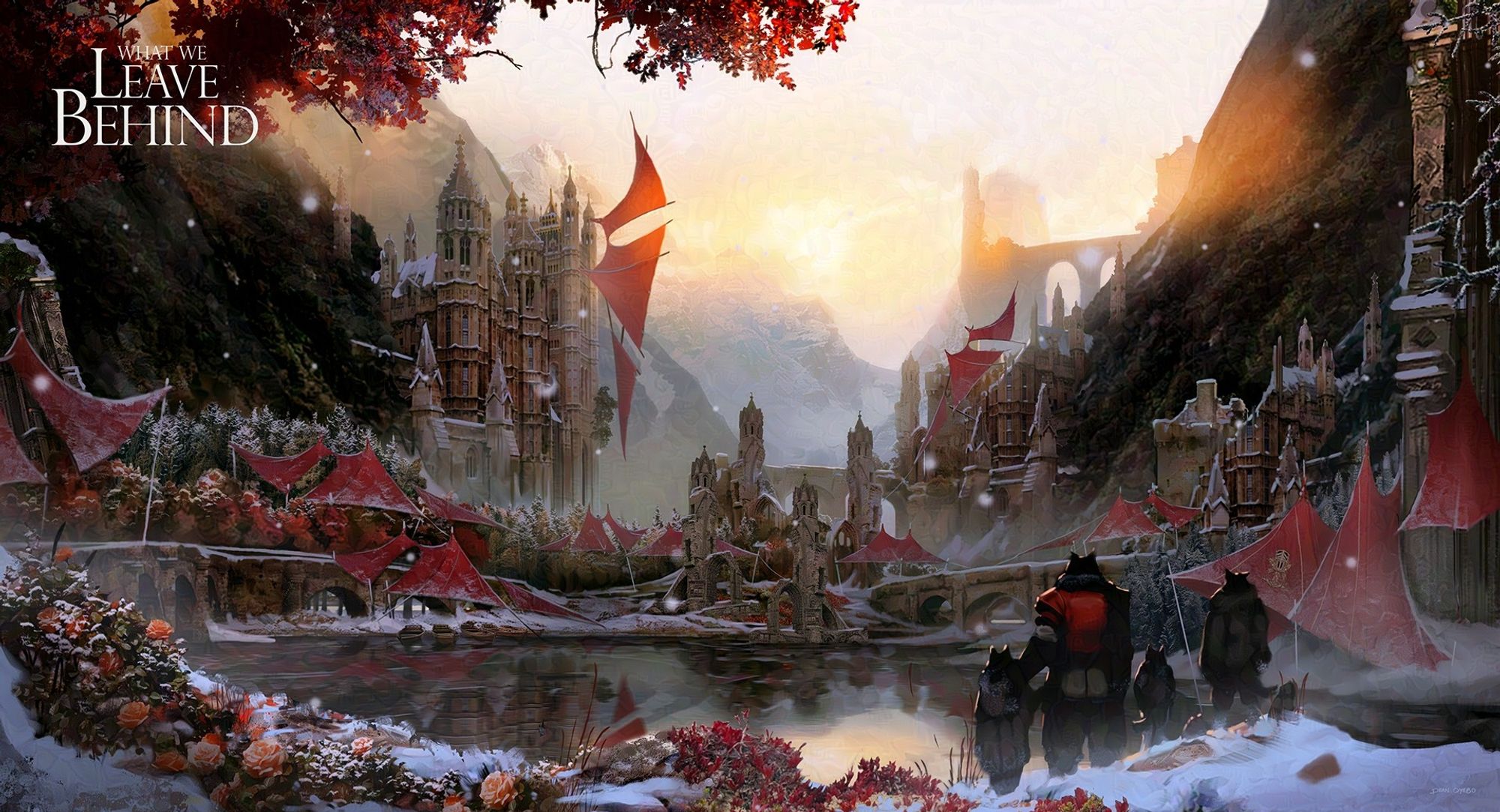 A small group of travellers stare out across a frozen lake at a misty evening sun. It is about to set behind the mountains in the distance, casting the last of its light across an icy landscaped painted with billowing red awnings and crimson flowers. The bridges between them wind their way towards home.