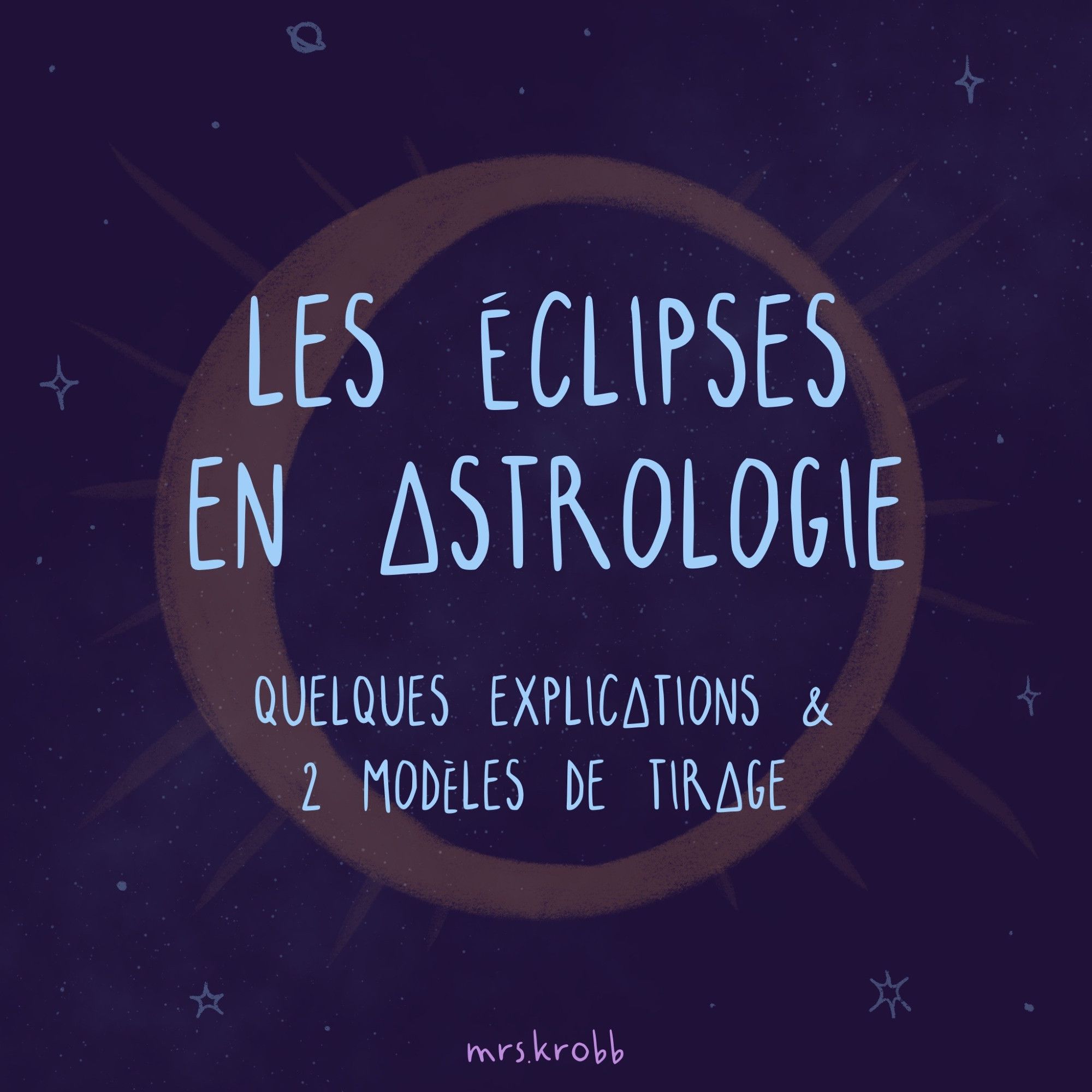 Visuel décoratif de titre, avec un fond violet foncé et un dessin d'éclipse solaire et d'étoiles