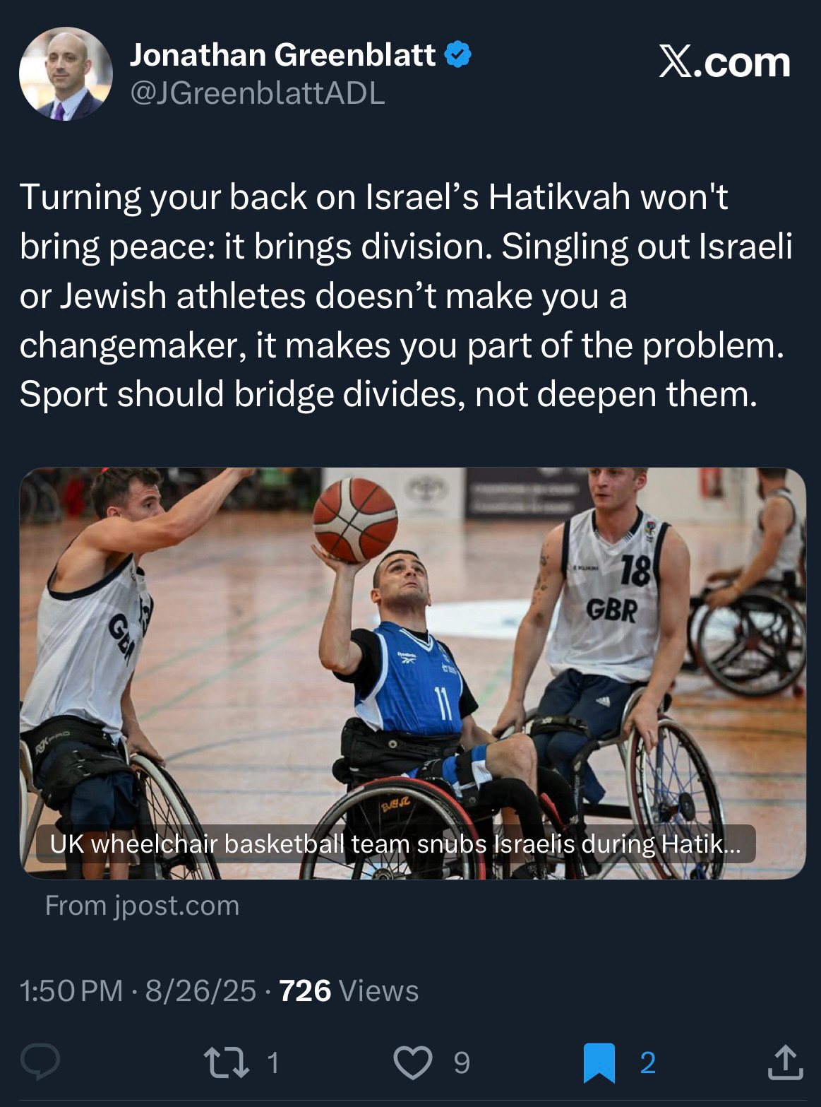 ADL: Turning your back on Israel's Hatikvah won't bring peace: it brings division. Singling out Israeli or Jewish athletes doesn't make you a changemaker, it makes you part of the problem.
Sport should bridge divides, not deepen them.