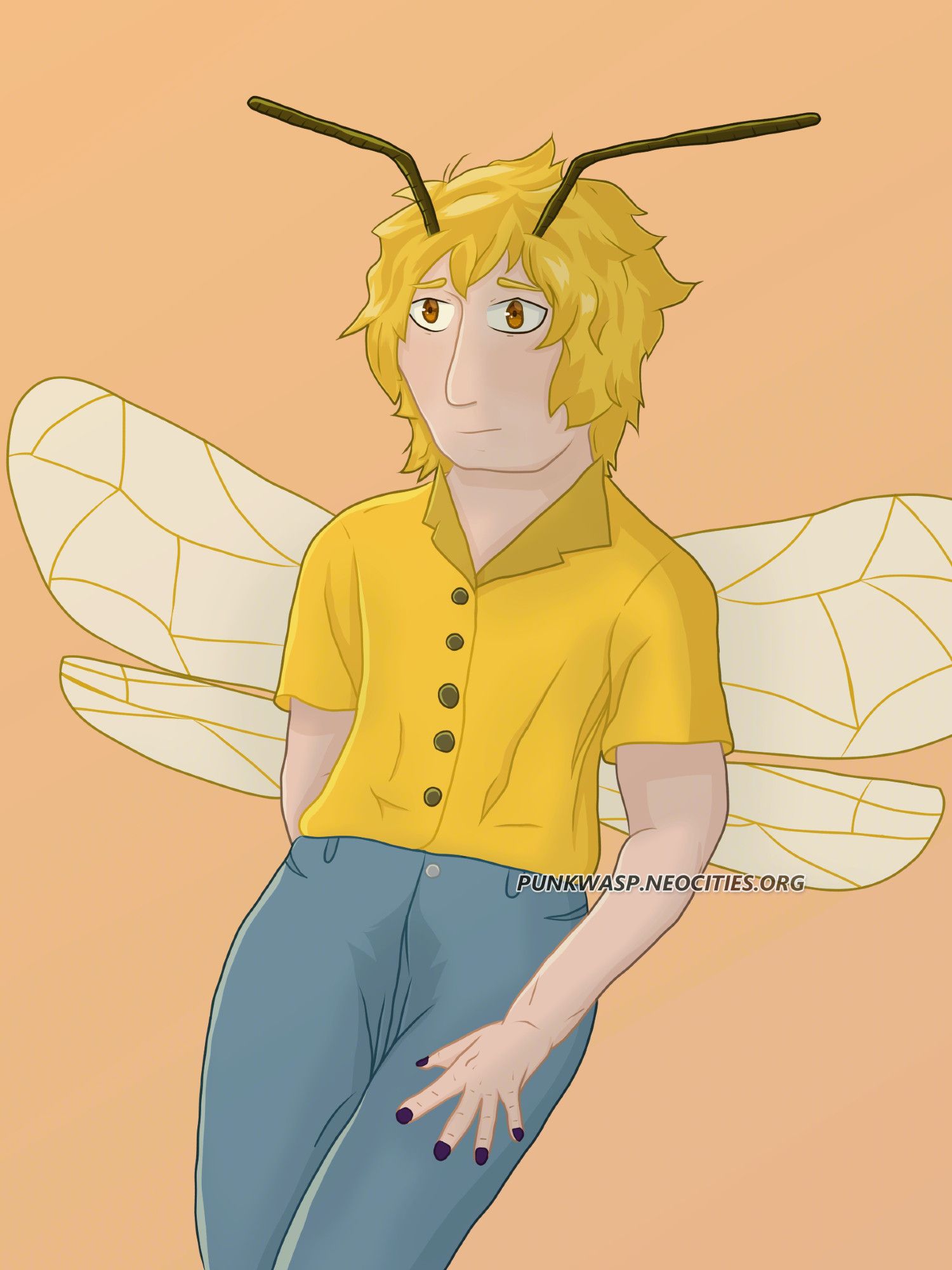 A person with messy, short yellow hair and wasp-like wings and antenna.