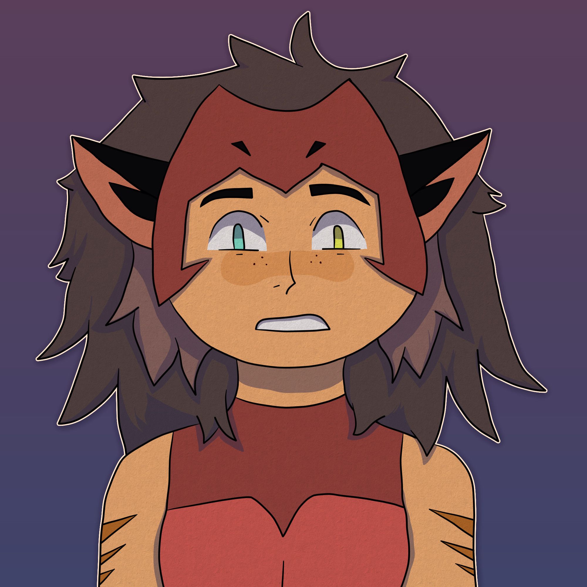 Digital art of Catra from She-Ra and the Princesses of Power. She's looking towards the camera with a surprised or nervous expression.