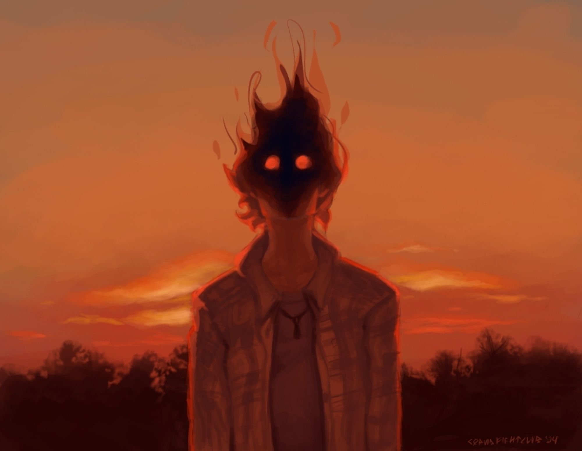 A person in a flannel shirt with a darkened face and fiery eyes stands in front of a dark treeline and a sunset.