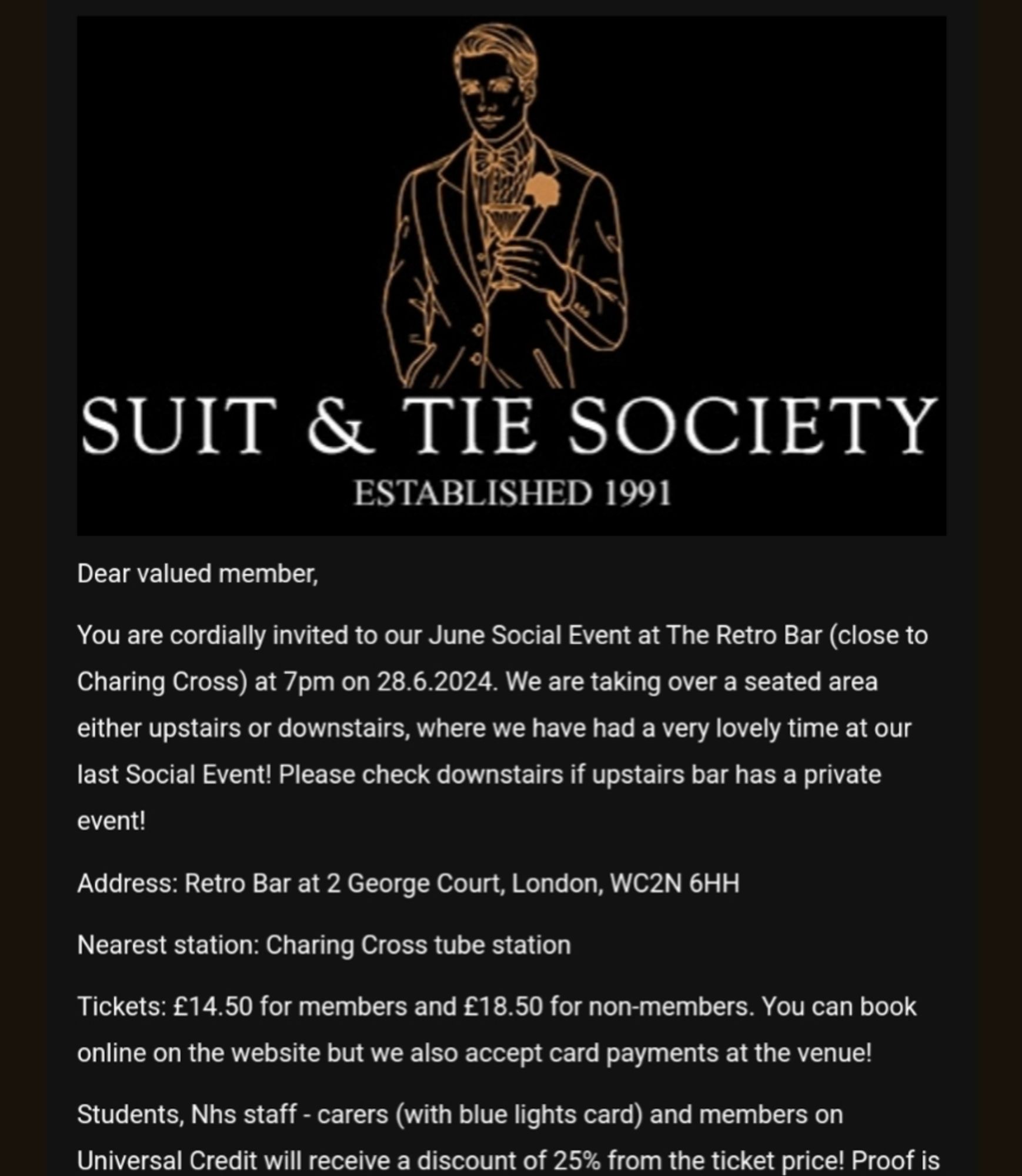 Image of an email from the oldest suit fetish society on the Internet, whose members put on Downton Abbey airs. Is pretension a fetish?