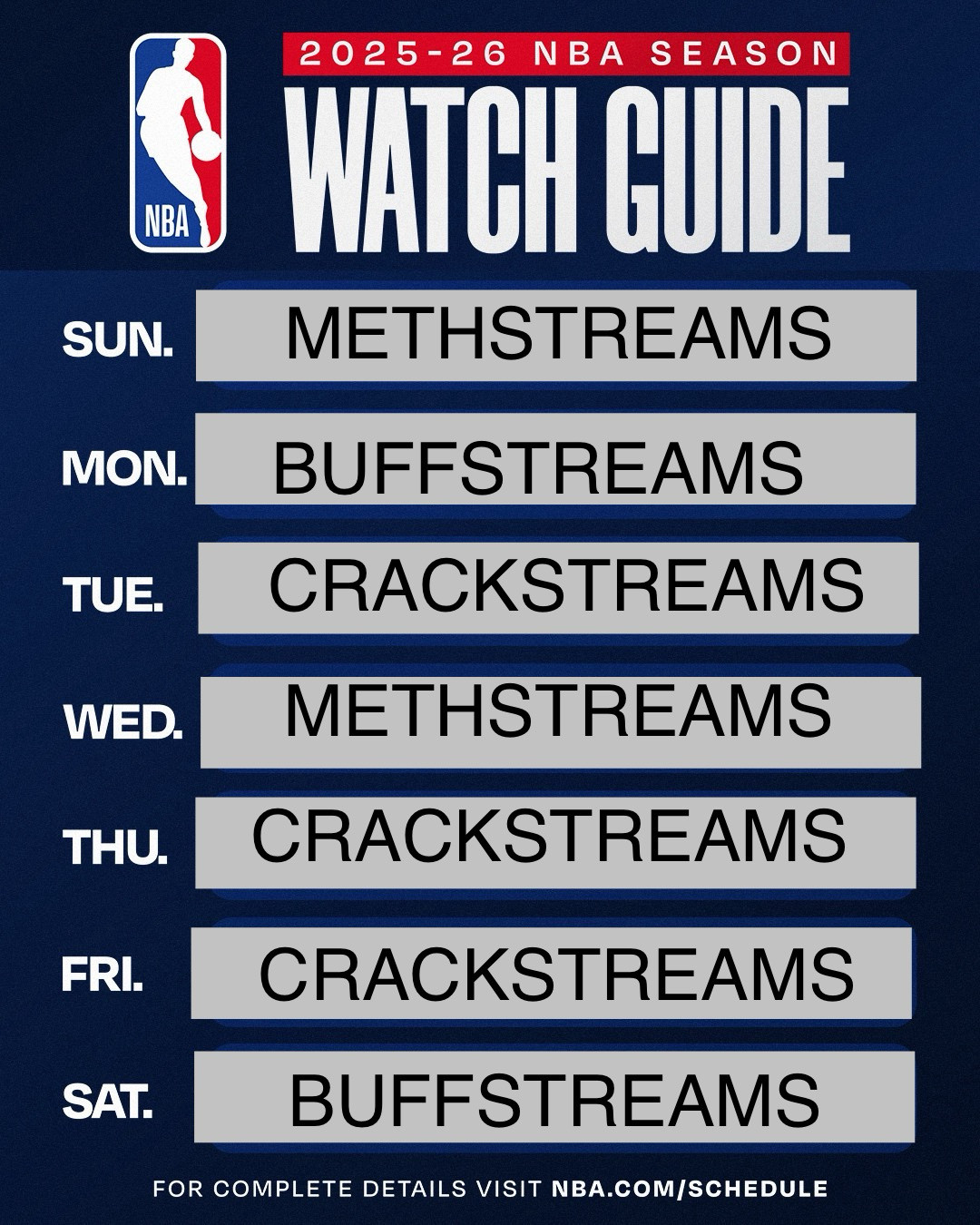 Alternative NBA viewing guide featuring illegal sports streaming sites parodying the NBA’s watch guide that requires 5-6 streaming apps to get all the games 