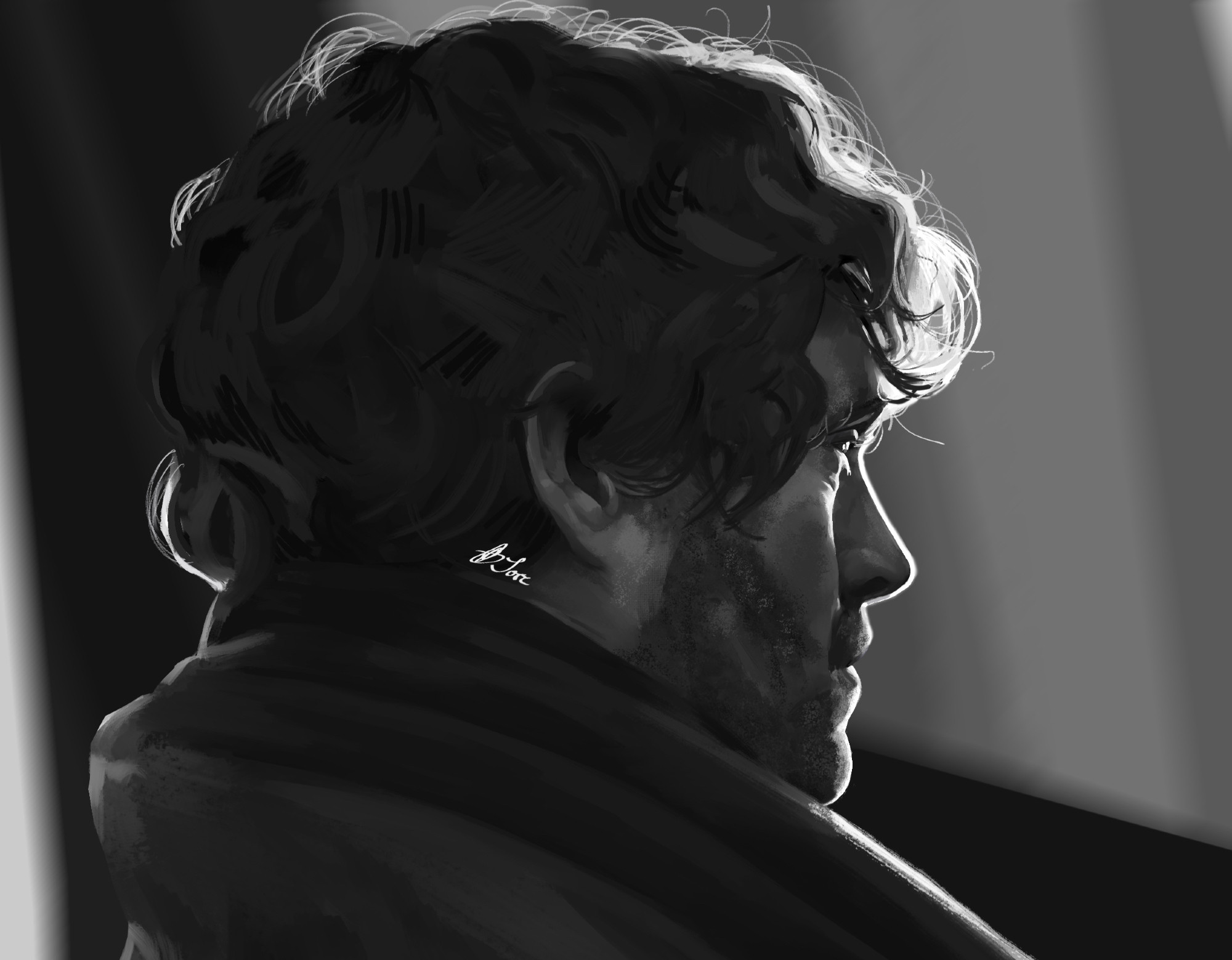 A black and white side profile of Will Graham, played by Hugh Dancy, from Hannibal nbc. His profile is rim-lit with a white light.