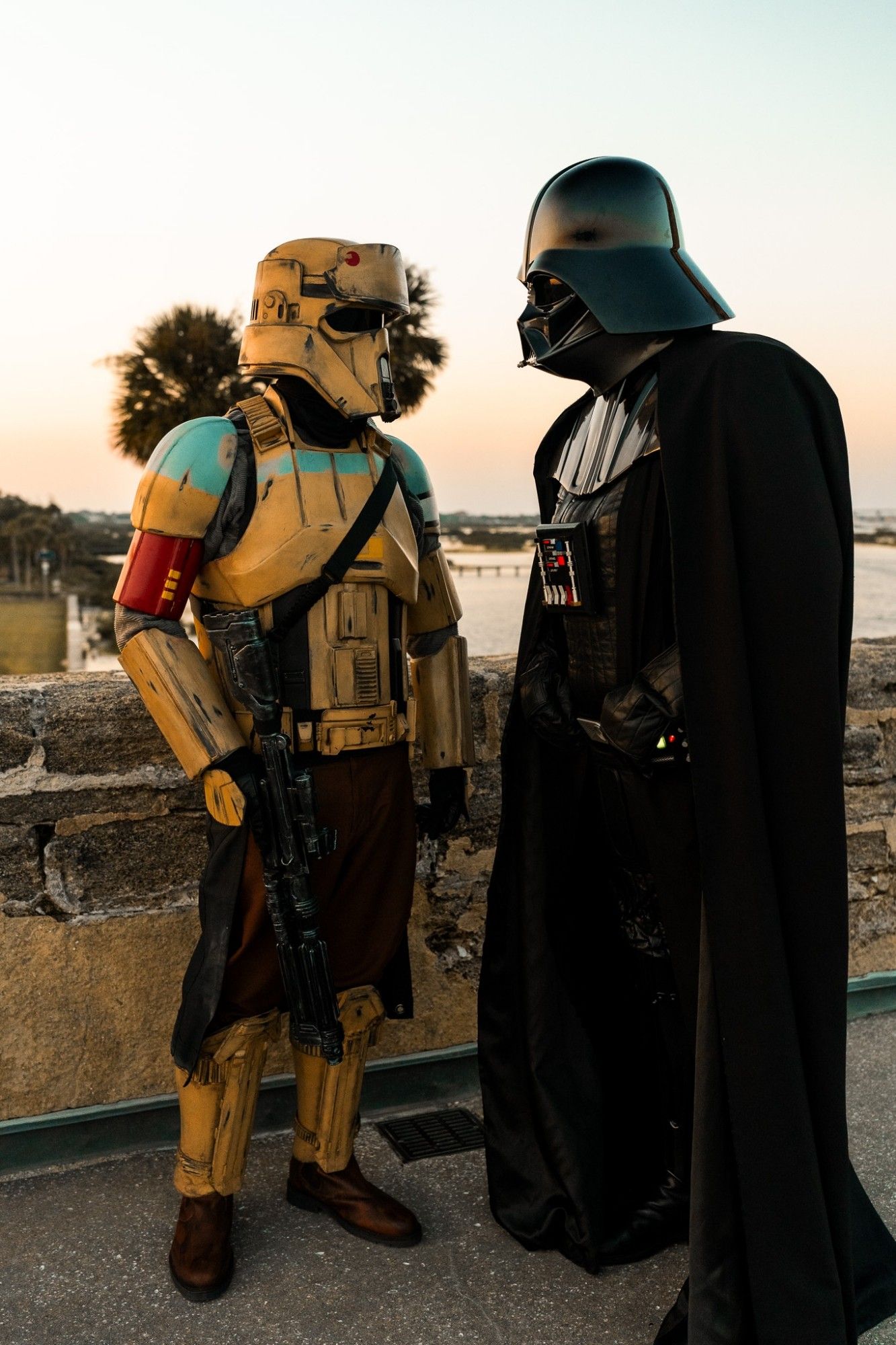 501stlegion Florida Garrison Imperial invasion of the Castillo de San Marcos in St Augustine, FL on August 17, 2024.  This is a picture of a shoretrooper squad leader obtaining orders directly from Darth Vader.