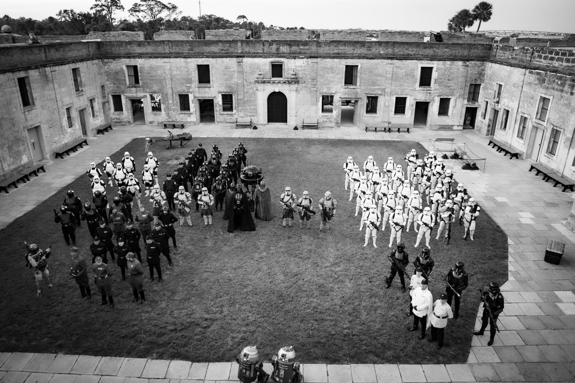 501st Legion Florida Garrison. This is the entire inside the fort cast lined up for the final scene of the film we made at the Castillo de San Marcos in St Augustine, FL on August 17, 2024.  I'm the second shoretrooper to the right of Darth Vader.