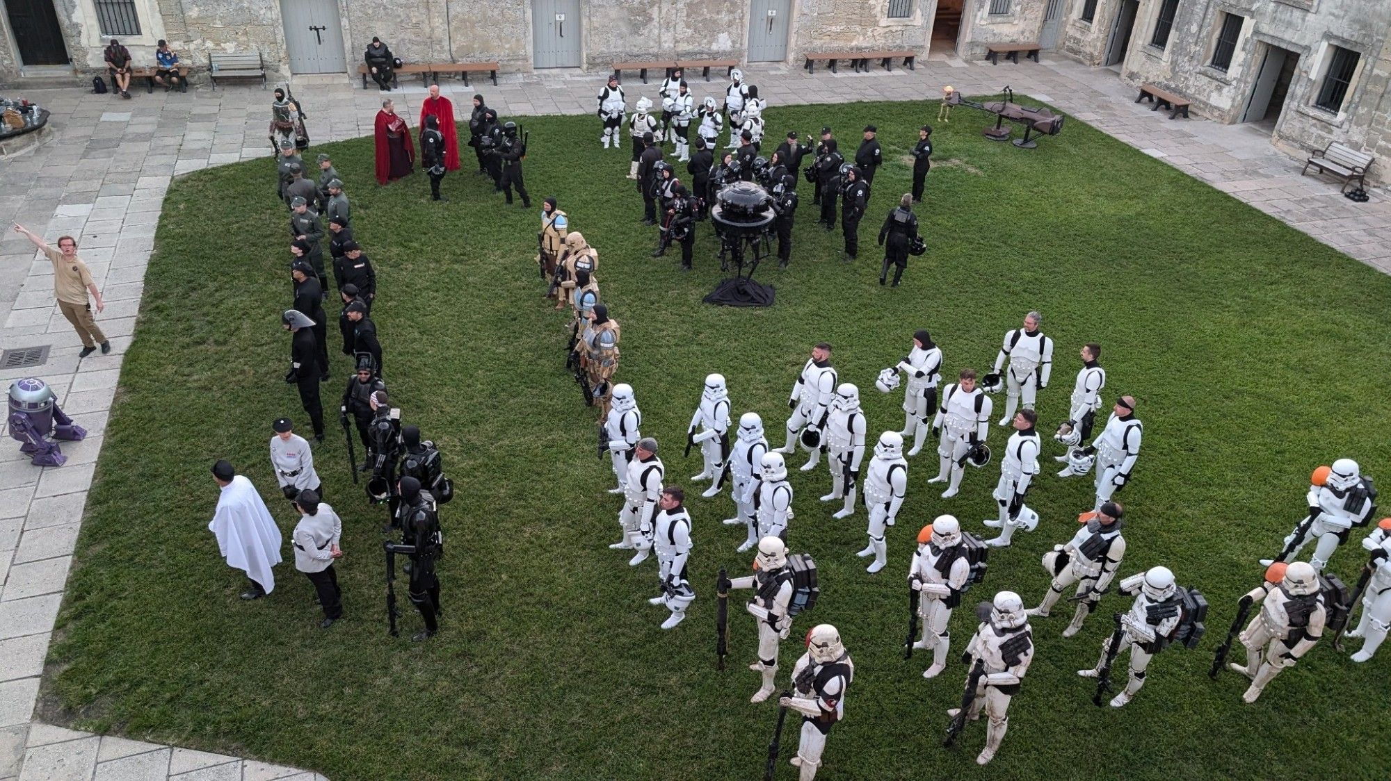 Picture of most of the cast of the video shoot that the 501st Legion Florida Garrison did at Castillo de San Marcos in St Augustine, Florida.  Here we're waiting for the remaining troopers to line up in formation to film the final scene with the arrival of Darth Vader.