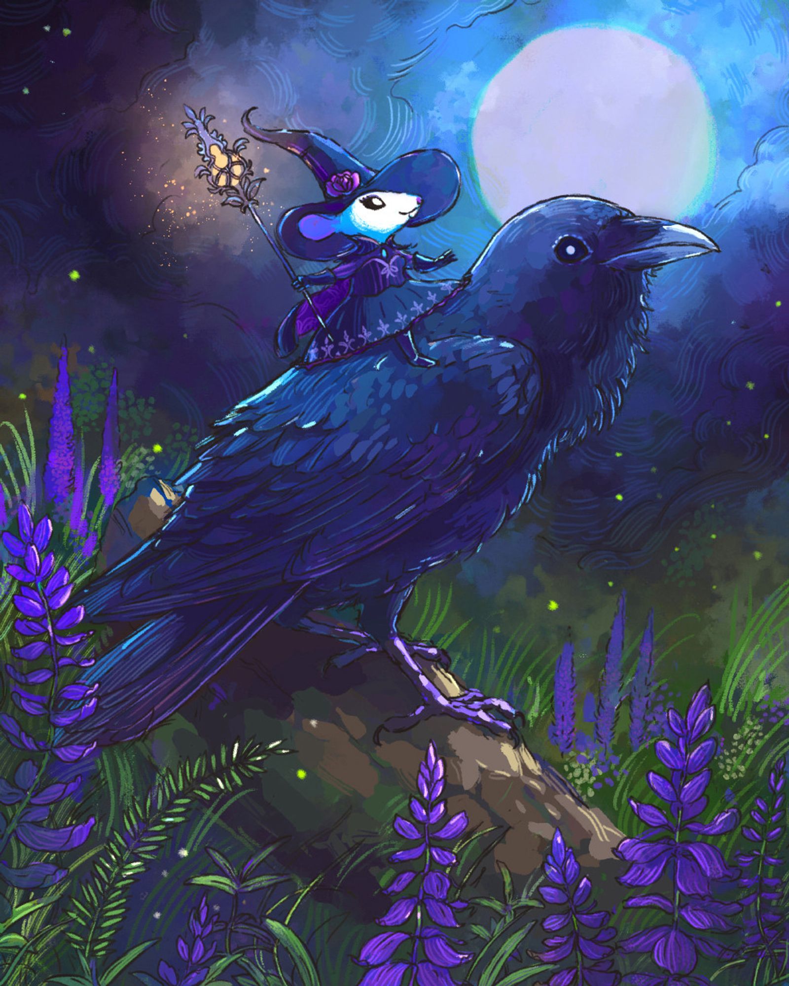 Digital painting of a mouse sitting on a raven.  The mouse is wearing a black dress and wide brimmed hat.  She is holding a scepter.  Lupines are drawn in the foreground.  