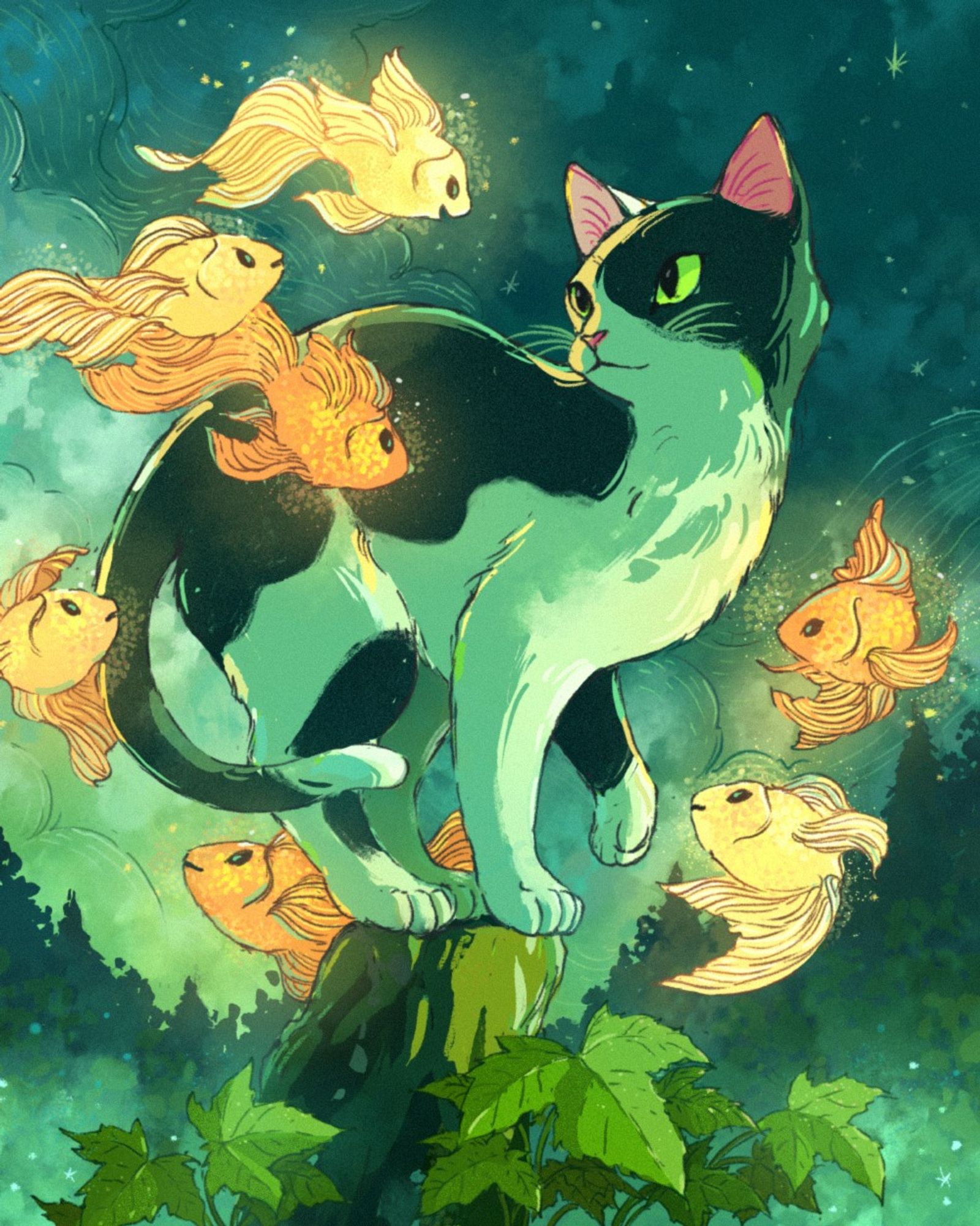 A digital illustration of a black and white cat surrounded by glowing goldfish.  The cat is standing on a tree stump with saplings growing at the base.  Trees are in the distance.  The scene is set at night.