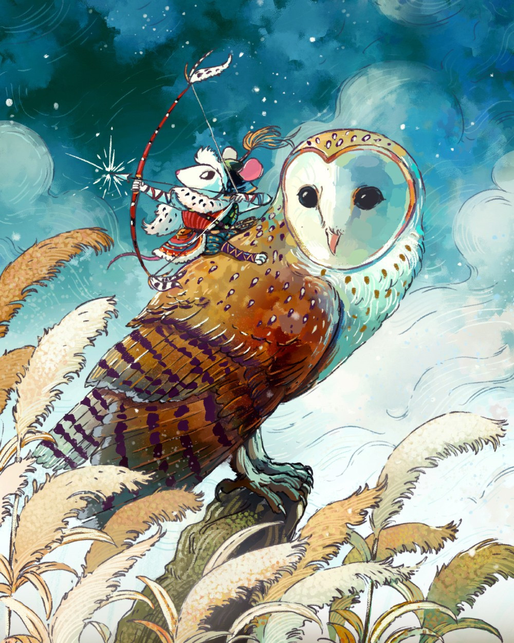 Digital illustration of a winter scene.  A barn owl is standing on a  small wooden post.   On it's back is a mouse wearing a red tunic with a fuzzy white trim along with a helmet with a yellow tassel.  The mouse is aiming a bow and arrow.  Tall grass fronds are blowing in the foreground.