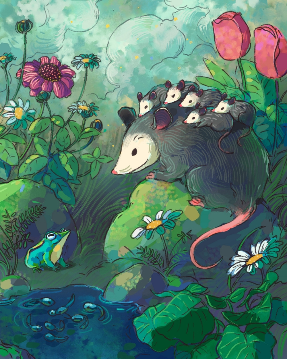 Digital illustration of a possum with her babies looking down at a frog.  The frog is next to a pond filled with tadpoles.  The scene is framed with various flowers. 