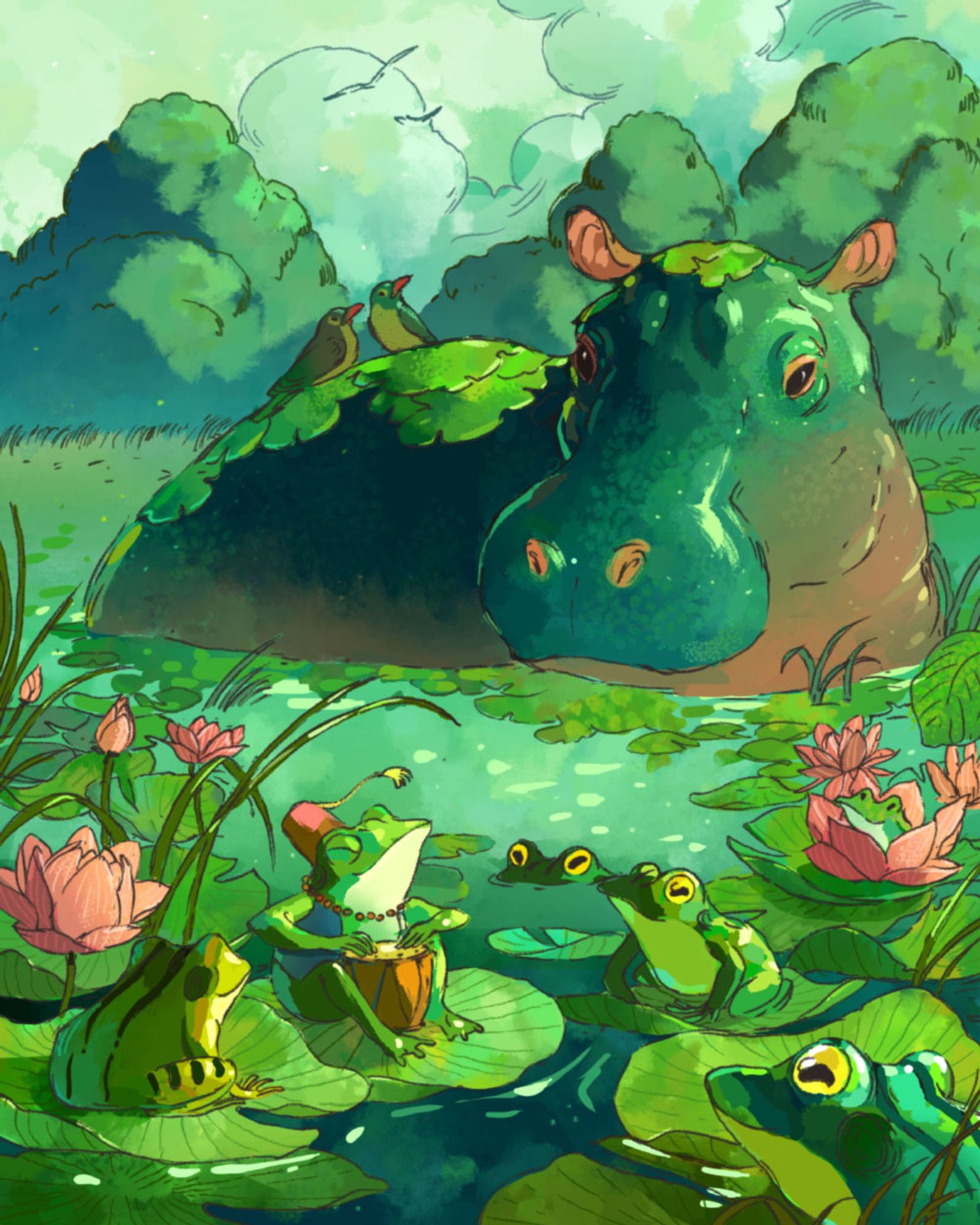 Digital illustration of a pond.  At the center is a bongo playing frog sitting on a lily pad.  They are surrounded by other frogs, lily pads and pink lotus flowers.  In the background is a hippo with two small birds on it's back.