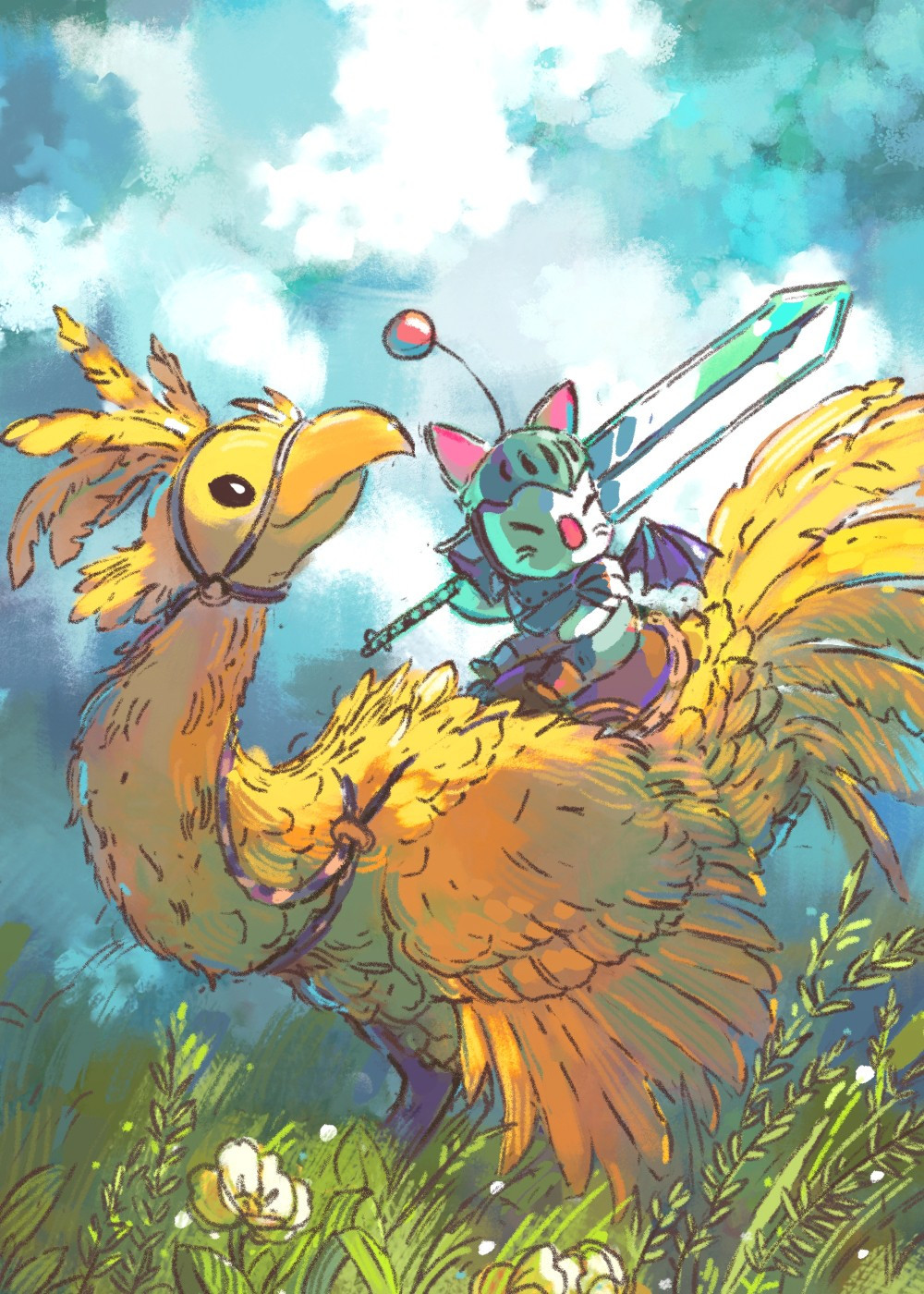 Digital illustration of a chocobo standing in a field.  On it's back is a moogle.  The moogle is wearing light armor and holding a large sword.