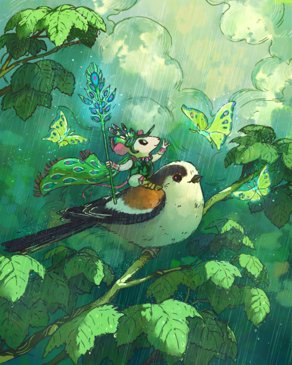 Digital illustration of a mouse mage.  She is dressed in decorative green attire and holding a staff.  She is sitting on a white long tailed bird.  The scene is raining.