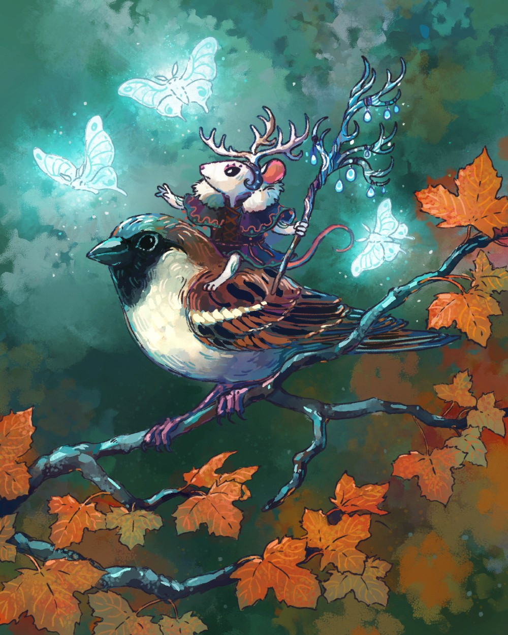 Digital illustration of a mouse druid riding a sparrow.  The mouse is wearing a crown an antlers, purples robes  and is holding a staff.  They are surrounded by three glowing moths.  They are standing on a branch with orange leaves.  