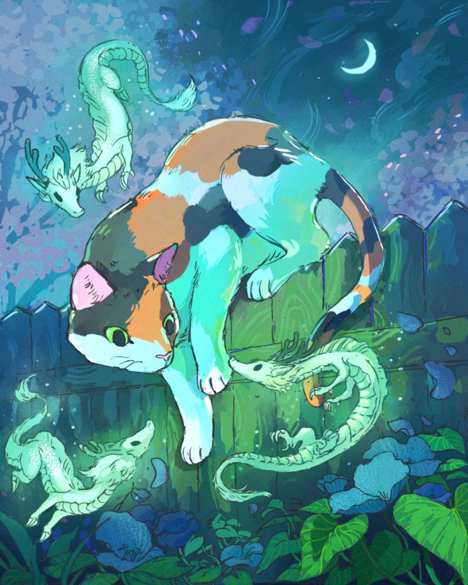 Illustration of a calico cat climbing over a fence.  They are surrounded by 3 small glowing dragons.  Pink cherry blossoms are in the background.  Blue flowers are in the foreground.  A crescent moon glows in the background.