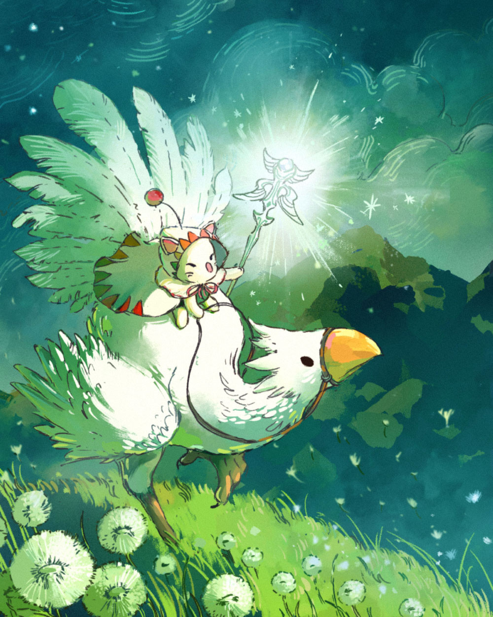 Digital illustration of a Moogle from Final Fantasy.  The moogle is dressed up like a white mage and is sitting on the back of a white chocobo.  They are on a hill and dandelions are in the foreground