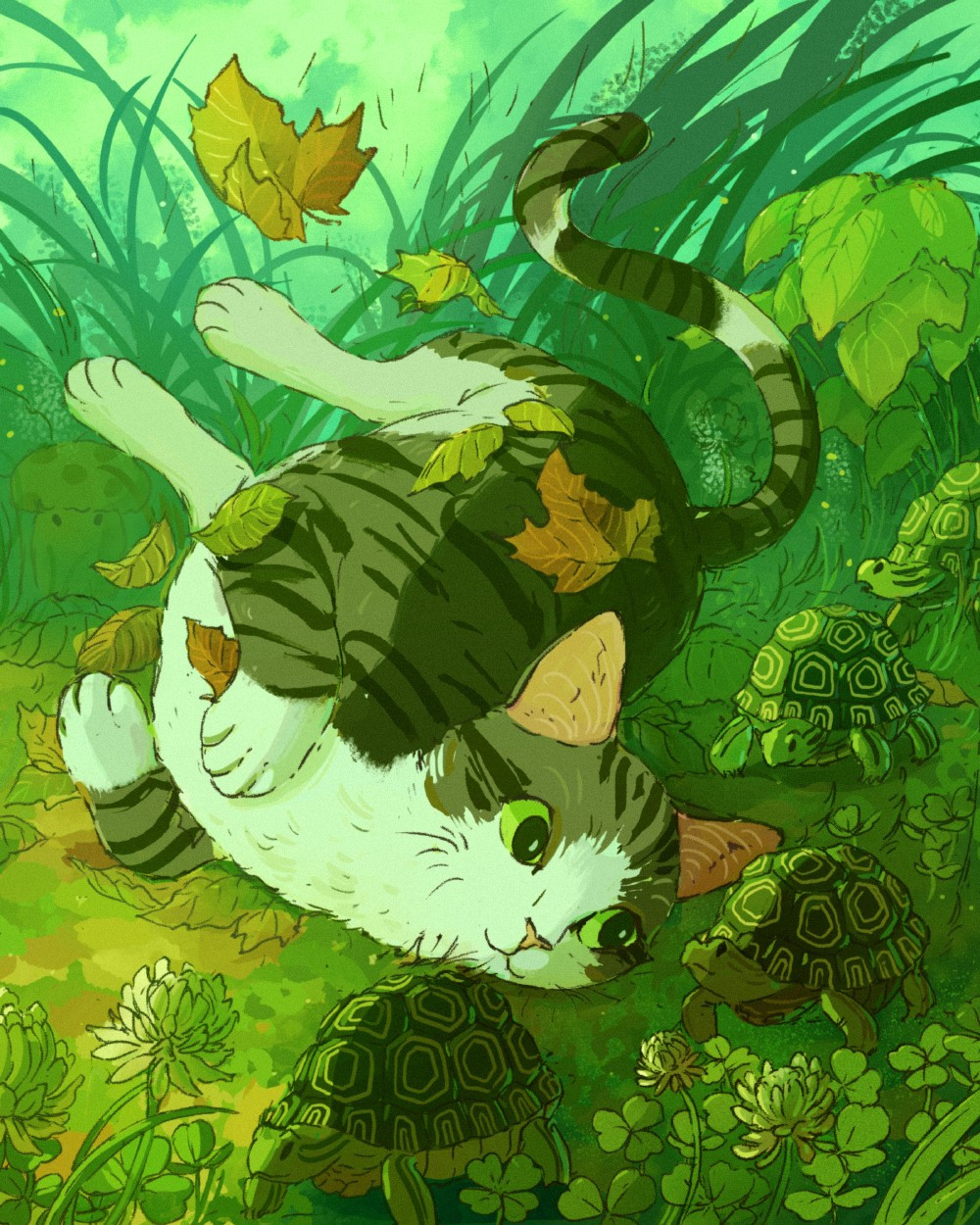 Digital illustration of a cat rolling among some leaves and tall grass. The cat is a grey and white tabby.  Next to the cat are turtles marching in single file.  Clovers decorate the bottom edge of the composition.