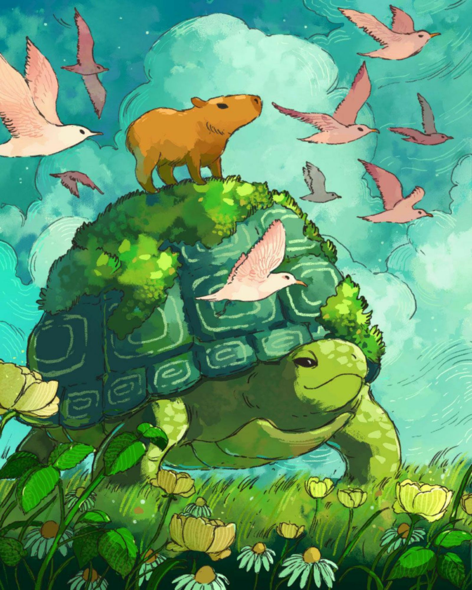 A digital painting of a large turtle.  On its back is a capybara.  They are surrounded by pink birds.