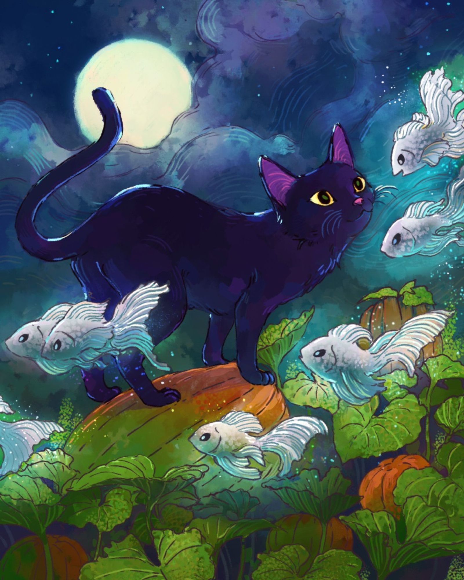 Digital illustration of a black cat.  They are standing on a pumpkin in the middle of a pumpkin patch.  White ghost like fish spirits are drifting across the composition.  A full moon glows in the distance.